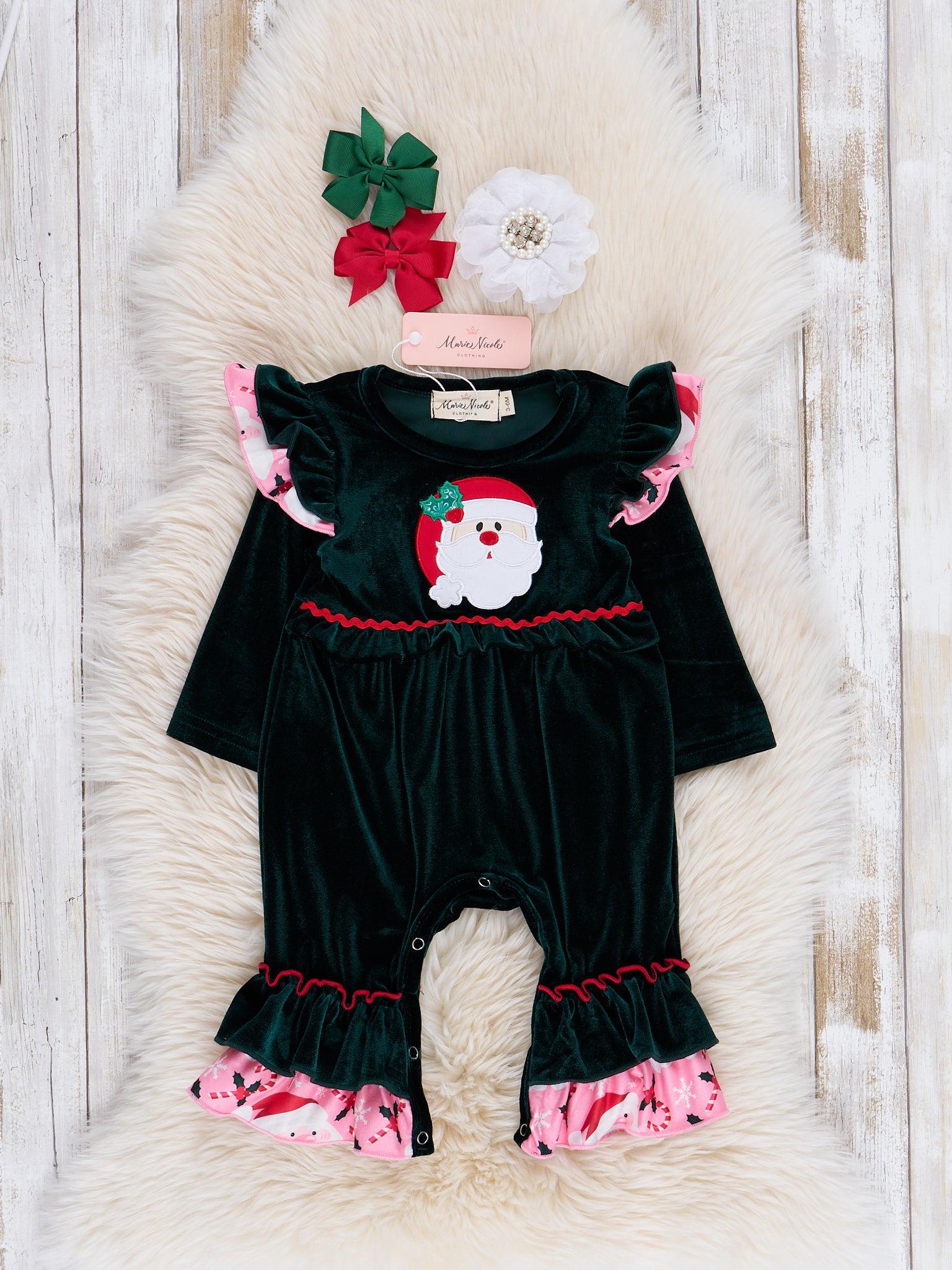 Green Velvet Santa Ruffle Romper - Marie Nicole Clothing