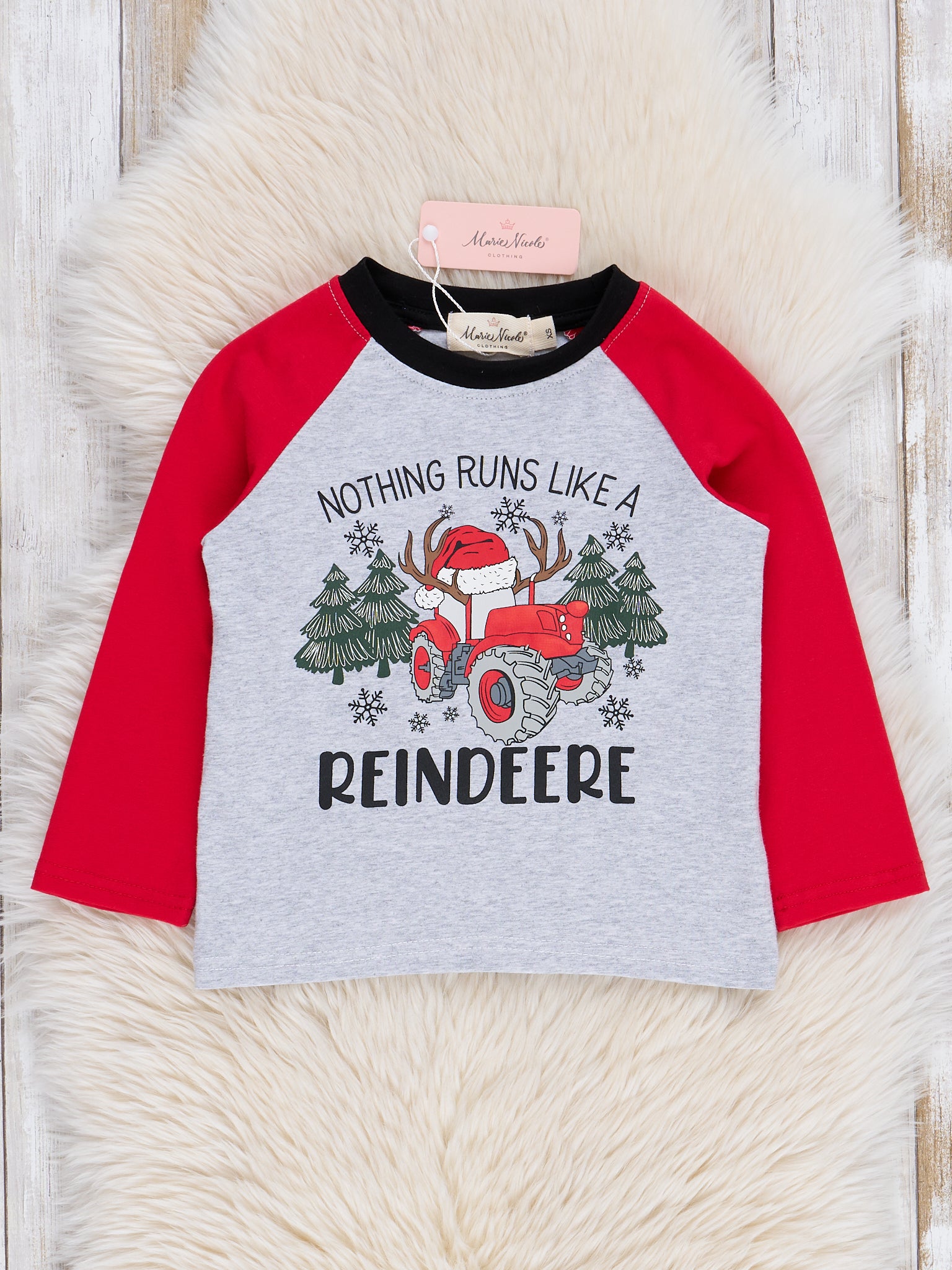 Grey "Nothing Runs Like a Reindeere" Raglan Shirt - Marie Nicole Clothing