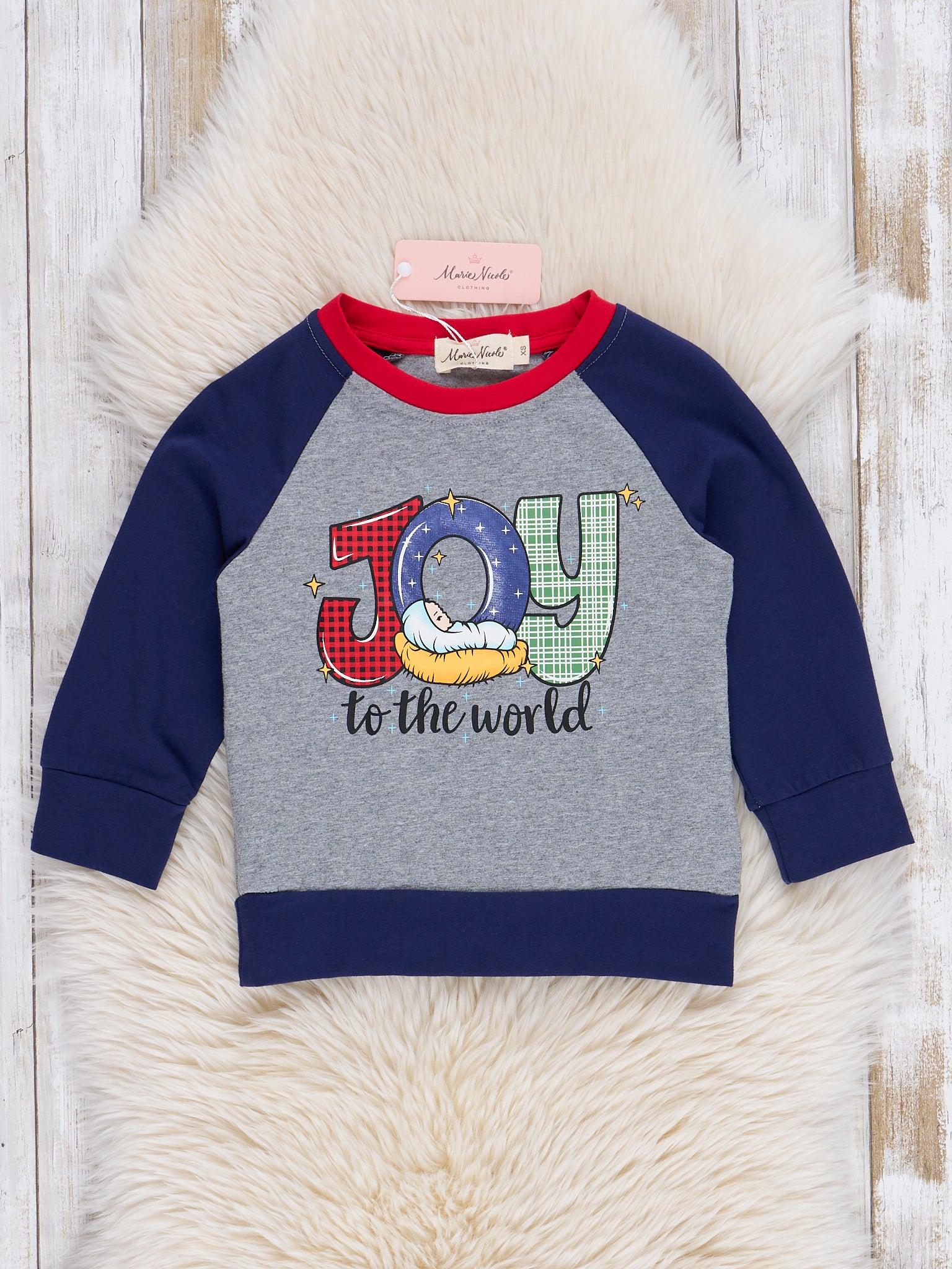 Grey & Blue "Joy" Raglan Shirt - Marie Nicole Clothing