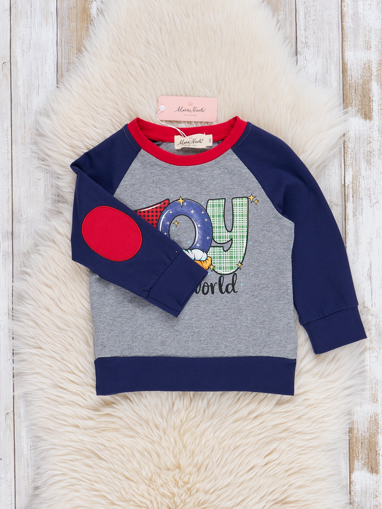 Grey & Blue "Joy" Raglan Shirt - Marie Nicole Clothing
