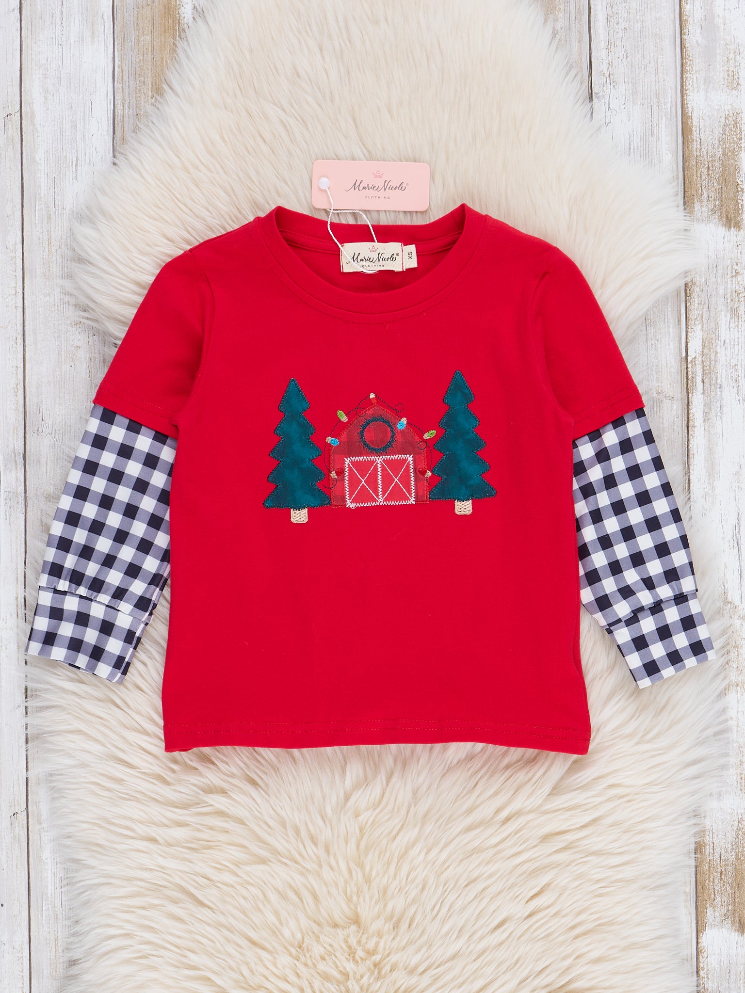 Red Holiday Barn & Gingham Shirt - Marie Nicole Clothing