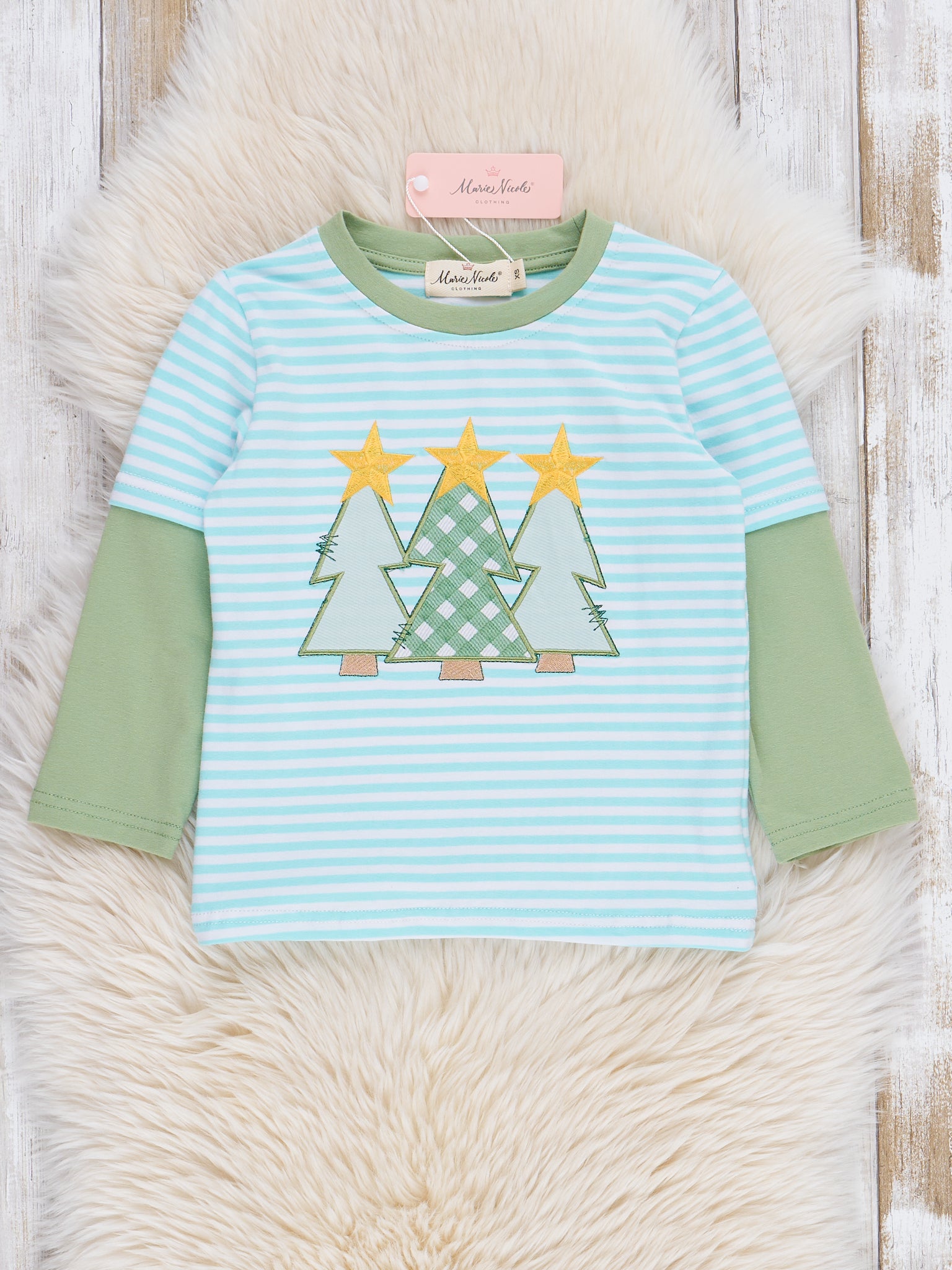 Olive & Blue Striped Christmas Tree Shirt - Marie Nicole Clothing