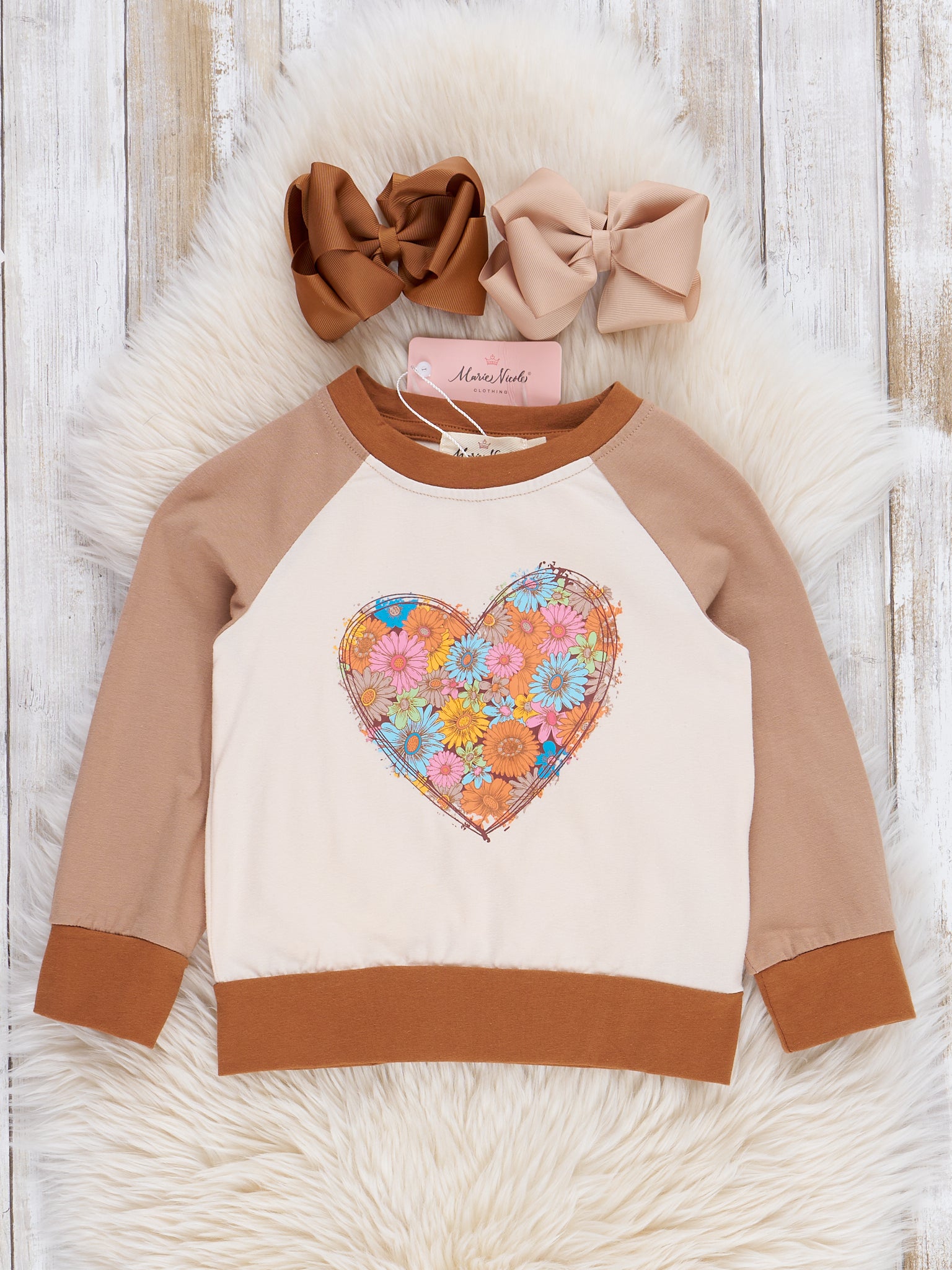 Brown Raglan Floral Heart Shirt - Marie Nicole Clothing