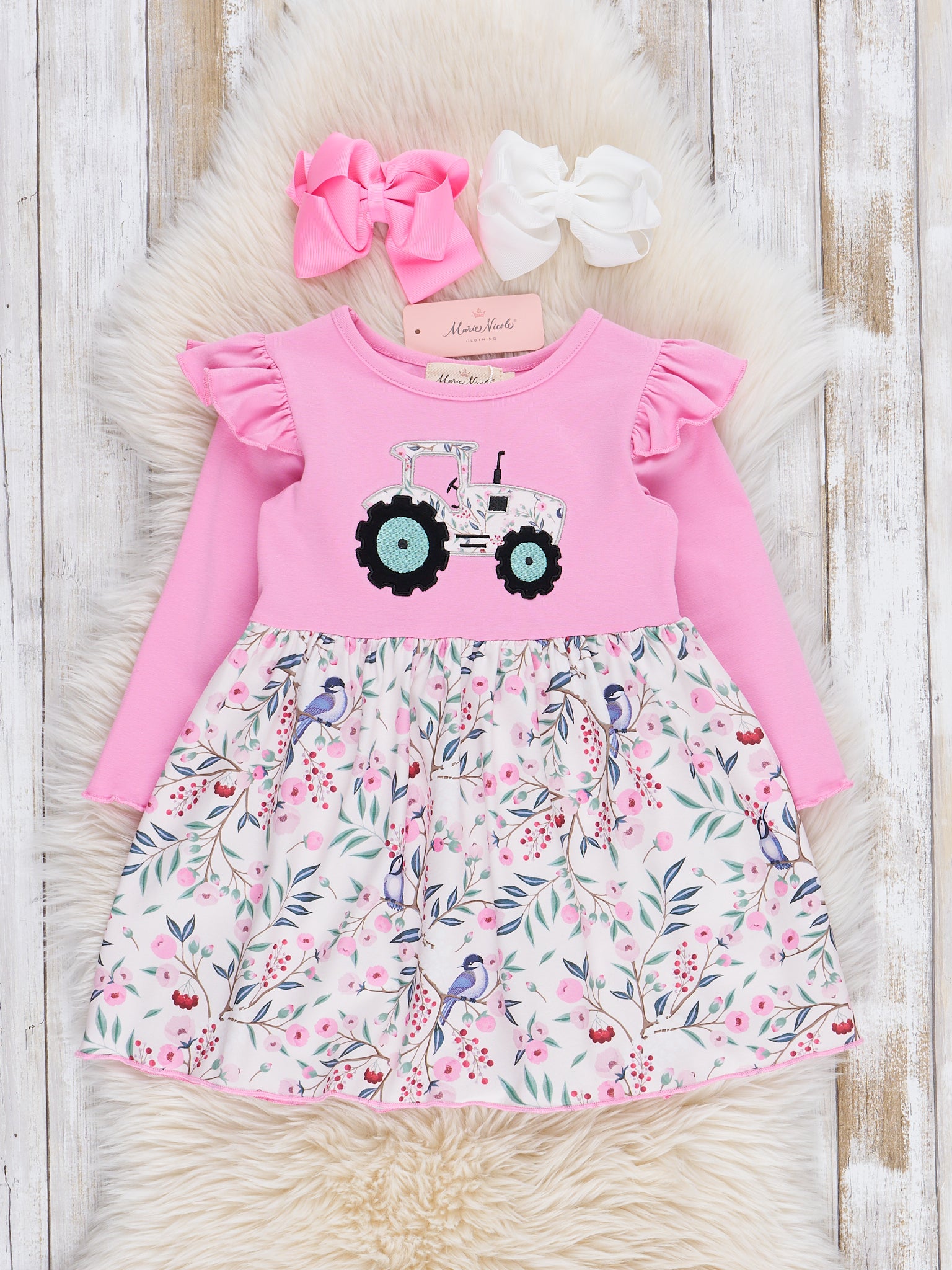 Pink Tractor Blooms Ruffle Dress - Marie Nicole Clothing