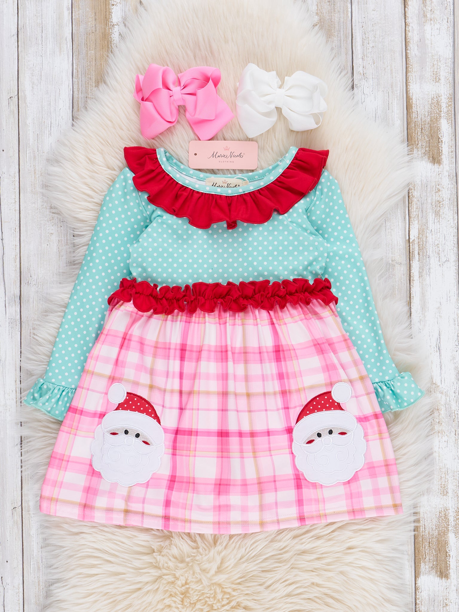 Teal Dots & Pink Plaid Santa Ruffle Dress - Marie Nicole Clothing