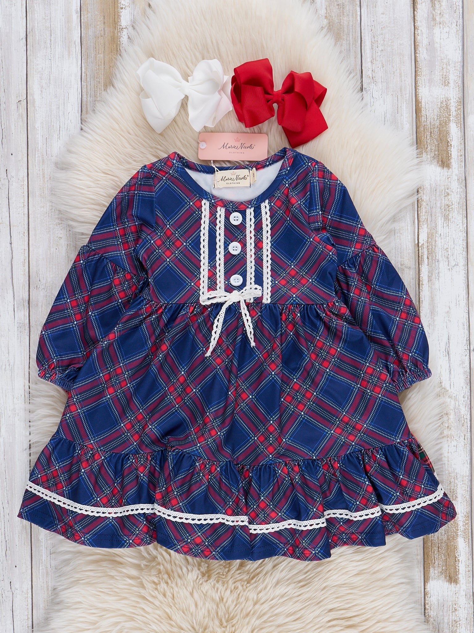 Navy Plaid Lace Trim Dress - Marie Nicole Clothing