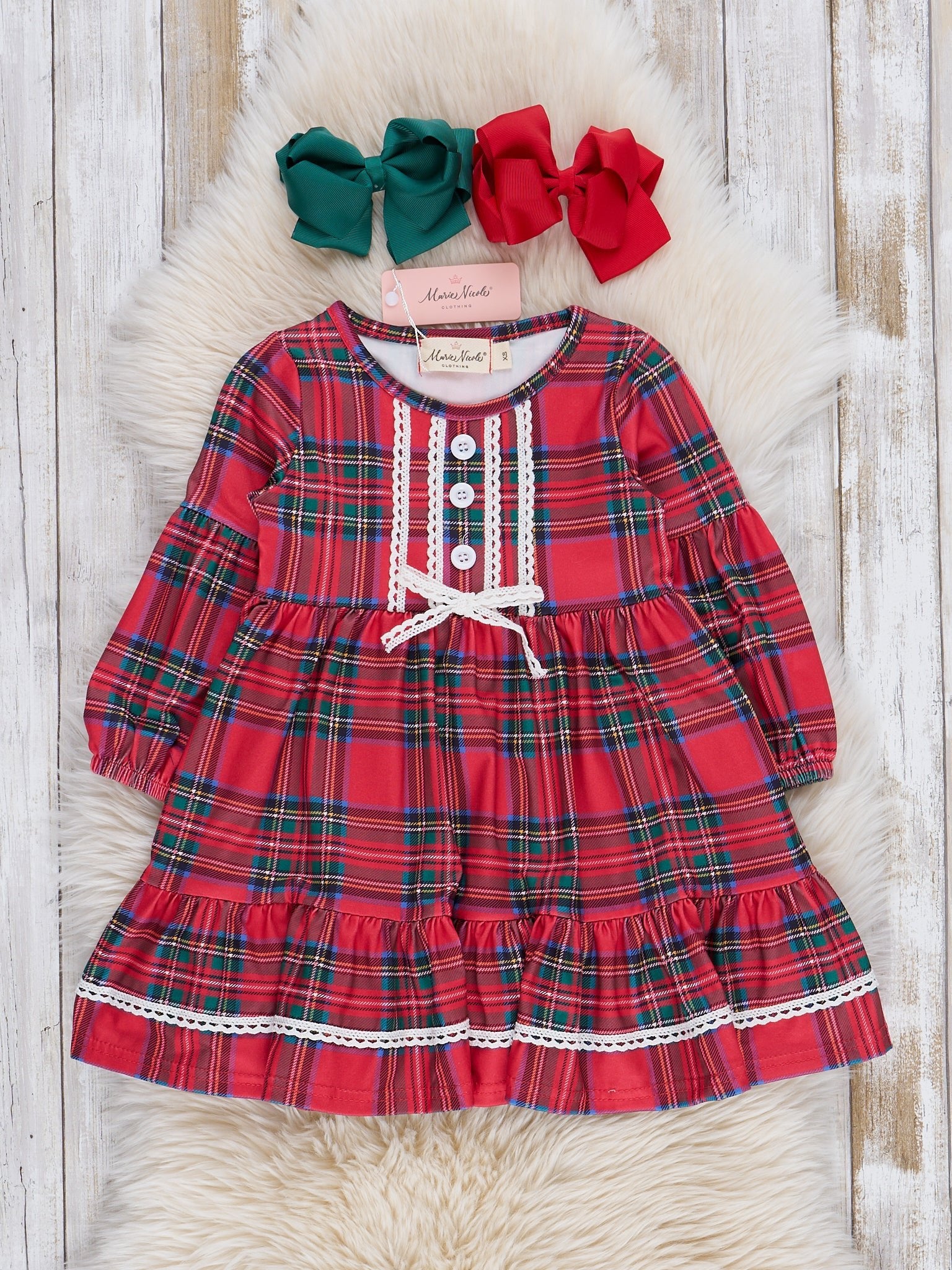 Red Plaid Lace Trim Dress - Marie Nicole Clothing