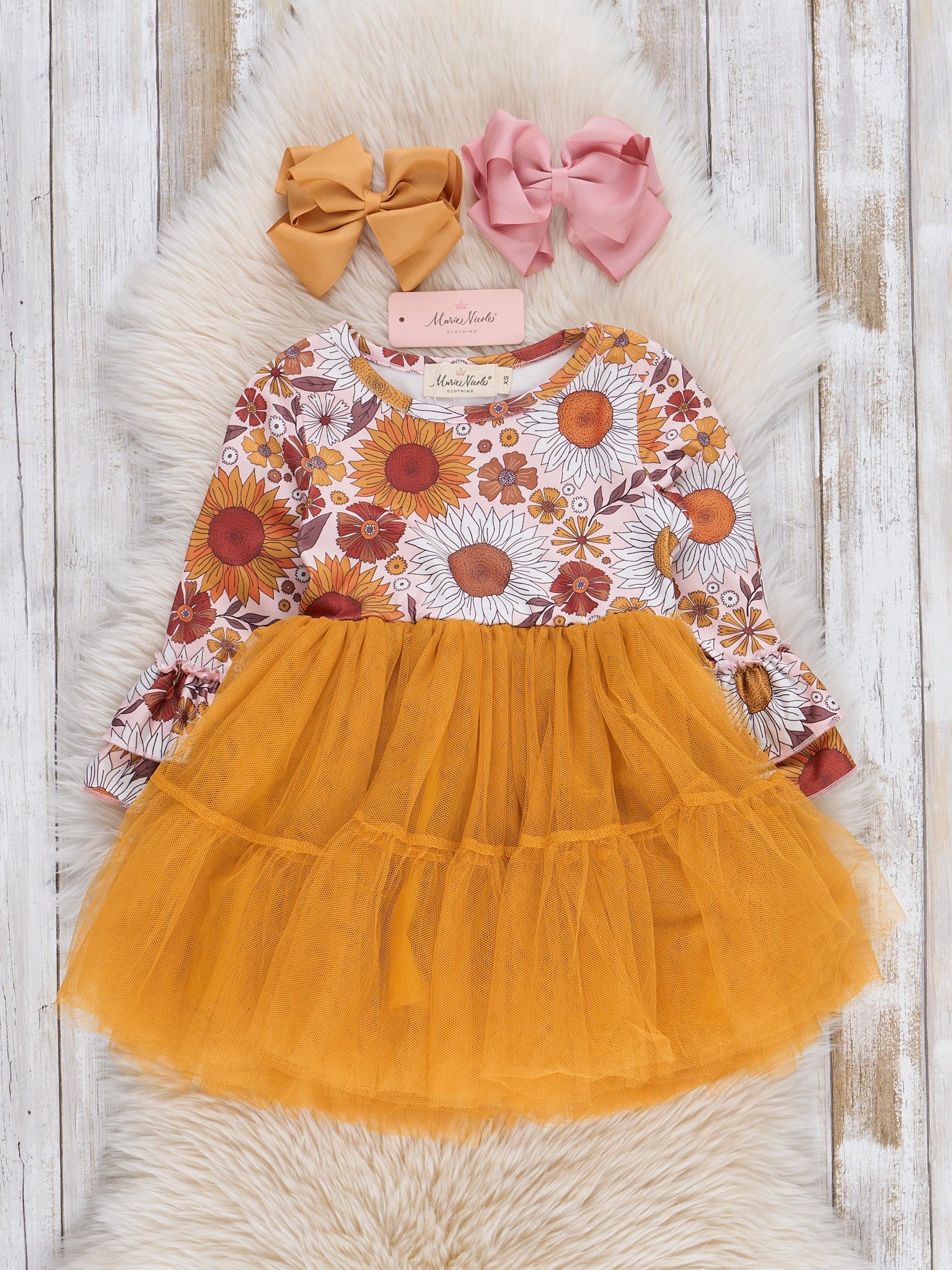 Golden Sunflowers Bell Sleeve Tulle Dress - Marie Nicole Clothing