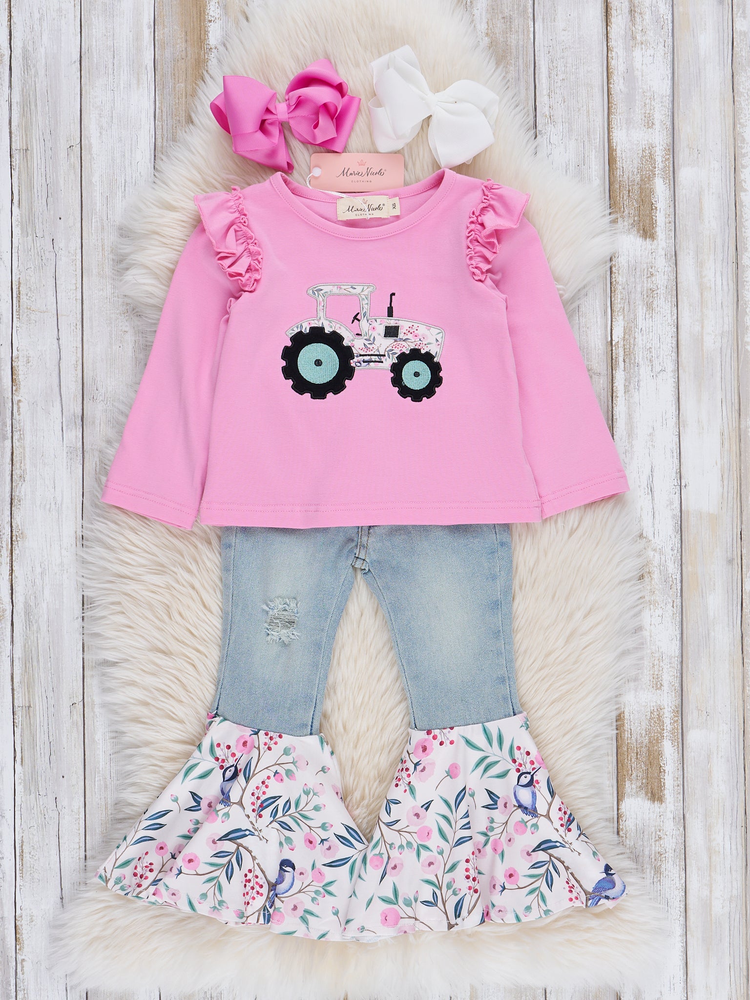 Pink Tractor Blooms Denim Bell Bottoms Outfit - Marie Nicole Clothing