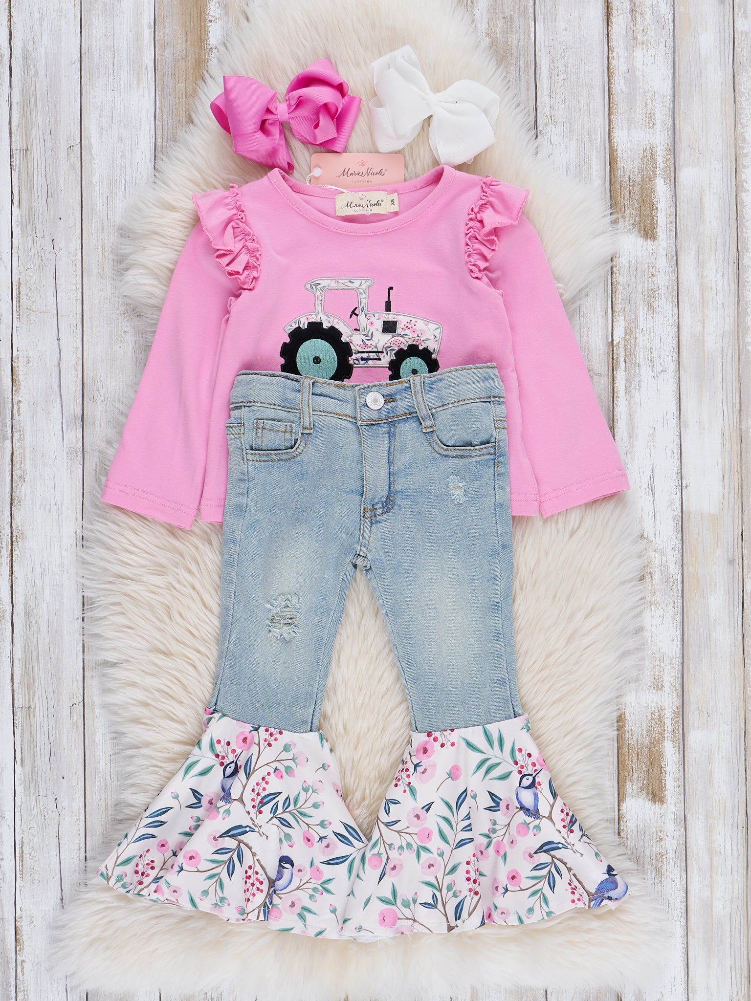 Pink Tractor Blooms Denim Bell Bottoms Outfit - Marie Nicole Clothing