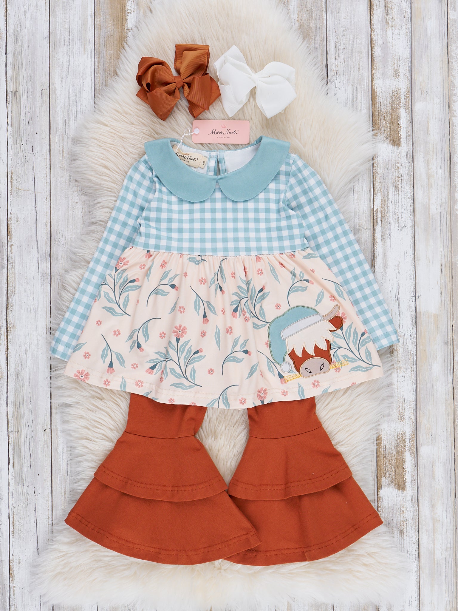 Embroidered Christmas Cow Gingham Bell Bottoms Outfit - Marie Nicole Clothing