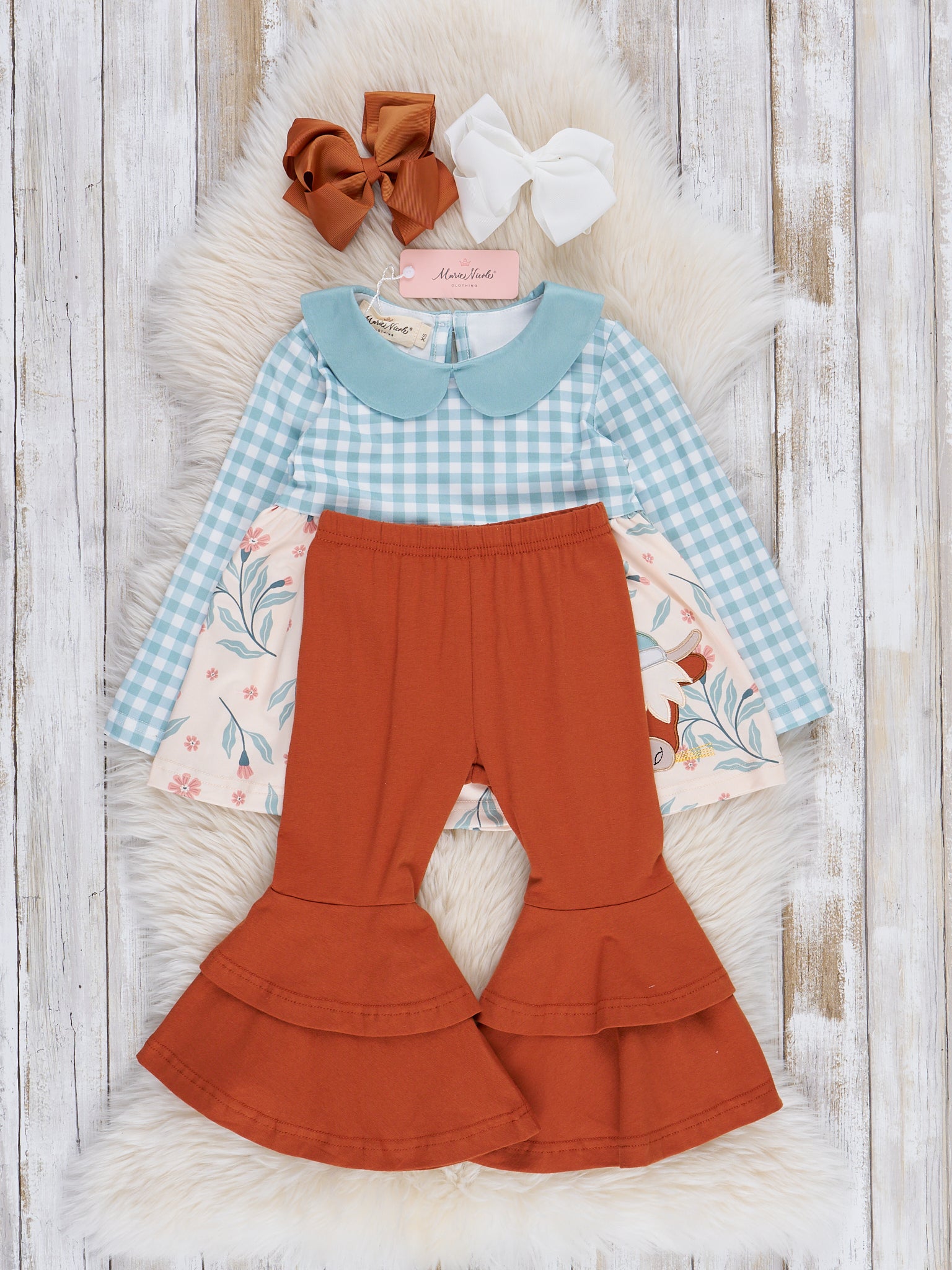 Embroidered Christmas Cow Gingham Bell Bottoms Outfit - Marie Nicole Clothing