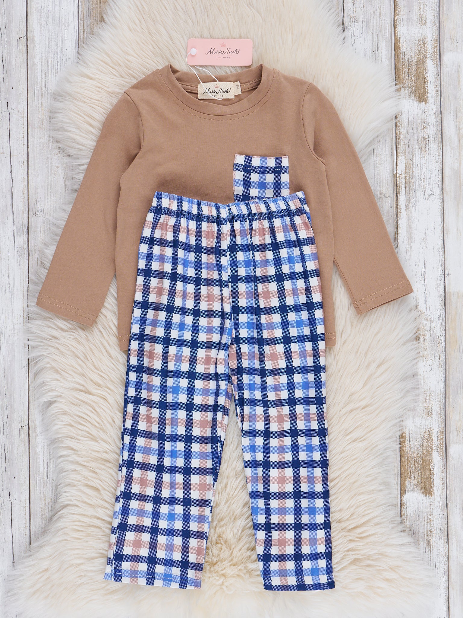 Tan & Navy Plaid Outfit - Marie Nicole Clothing
