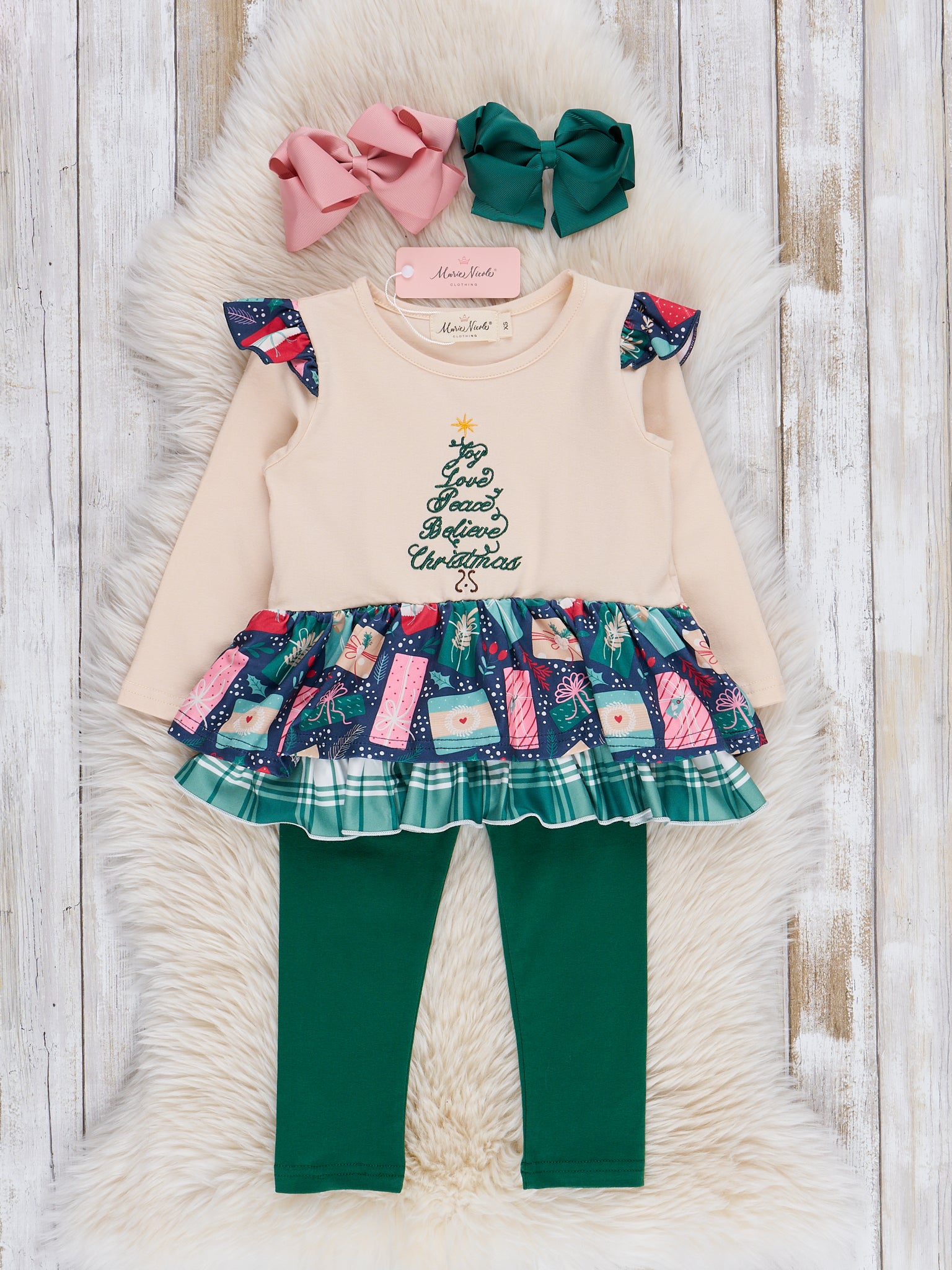 Cream & Evergreen Christmas Ruffle Outfit - Marie Nicole Clothing