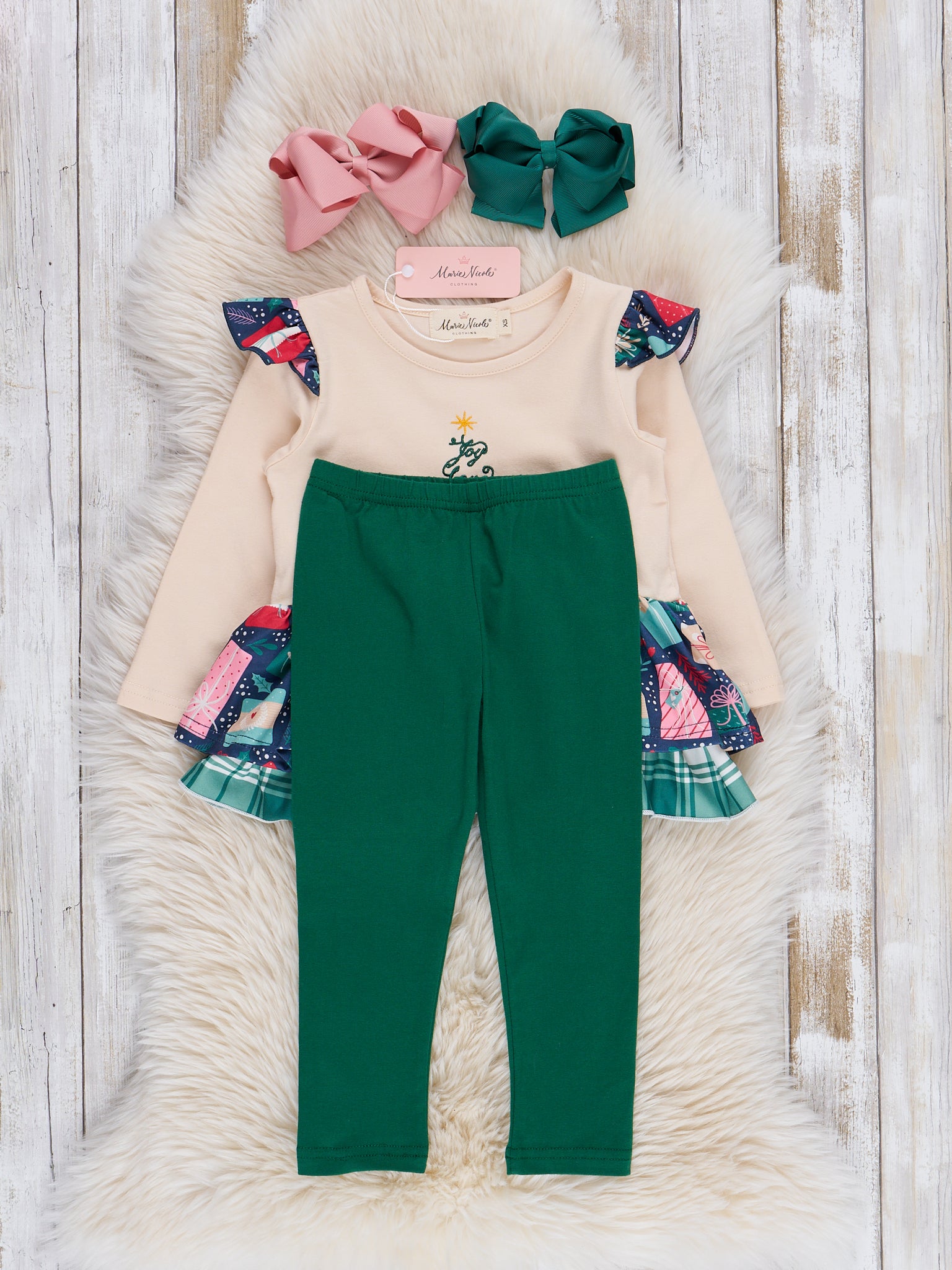 Cream & Evergreen Christmas Ruffle Outfit - Marie Nicole Clothing