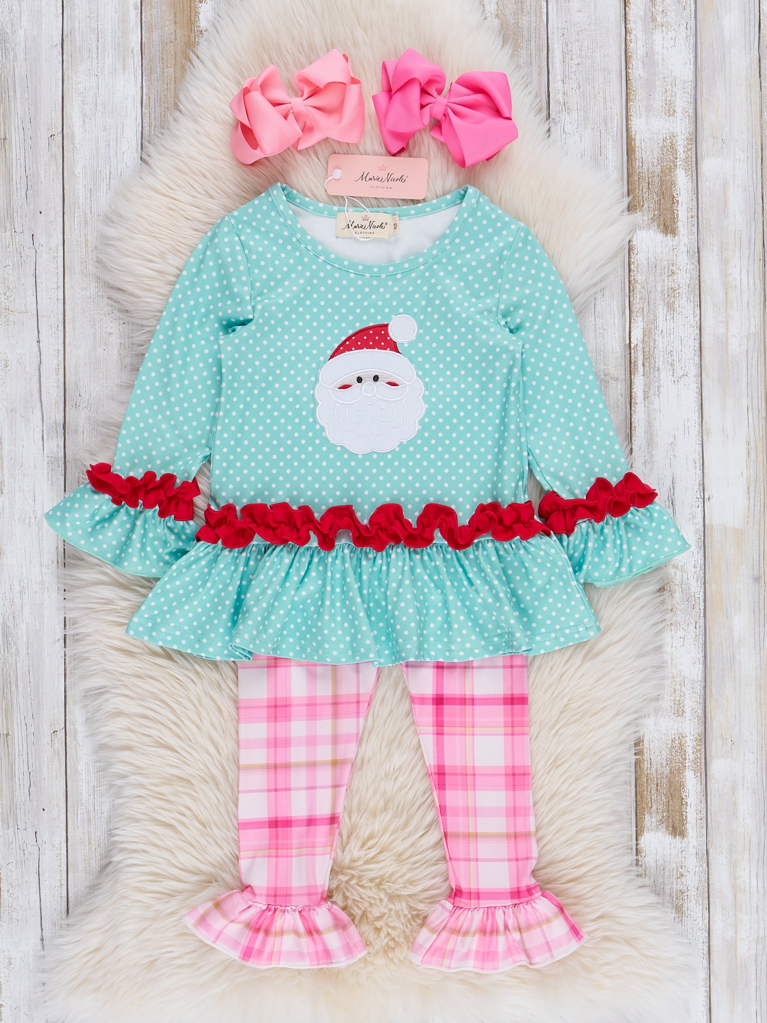 Teal Dots & Pink Plaid Santa Ruffle Outfit - Marie Nicole Clothing