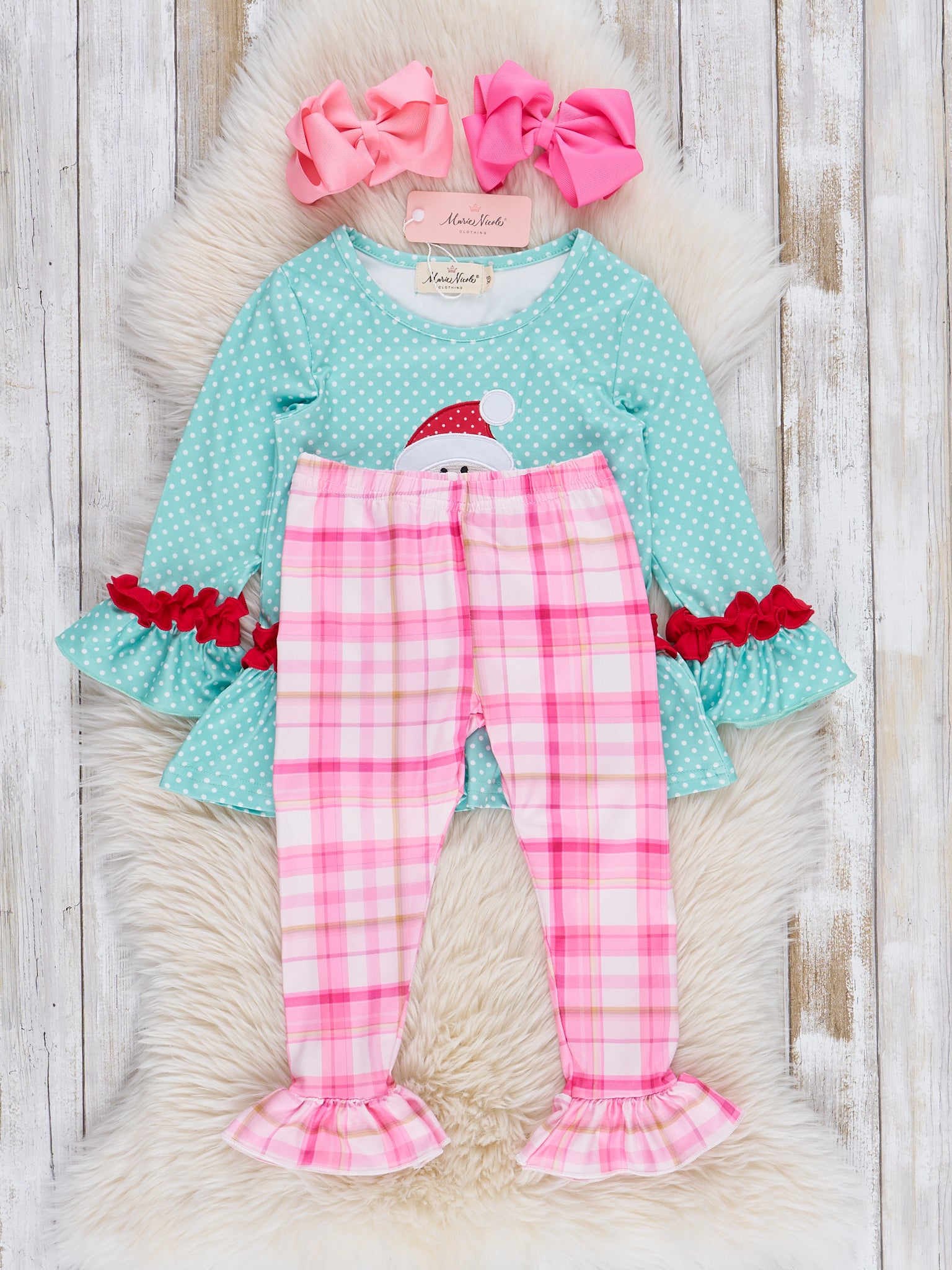 Teal Dots & Pink Plaid Santa Ruffle Outfit - Marie Nicole Clothing