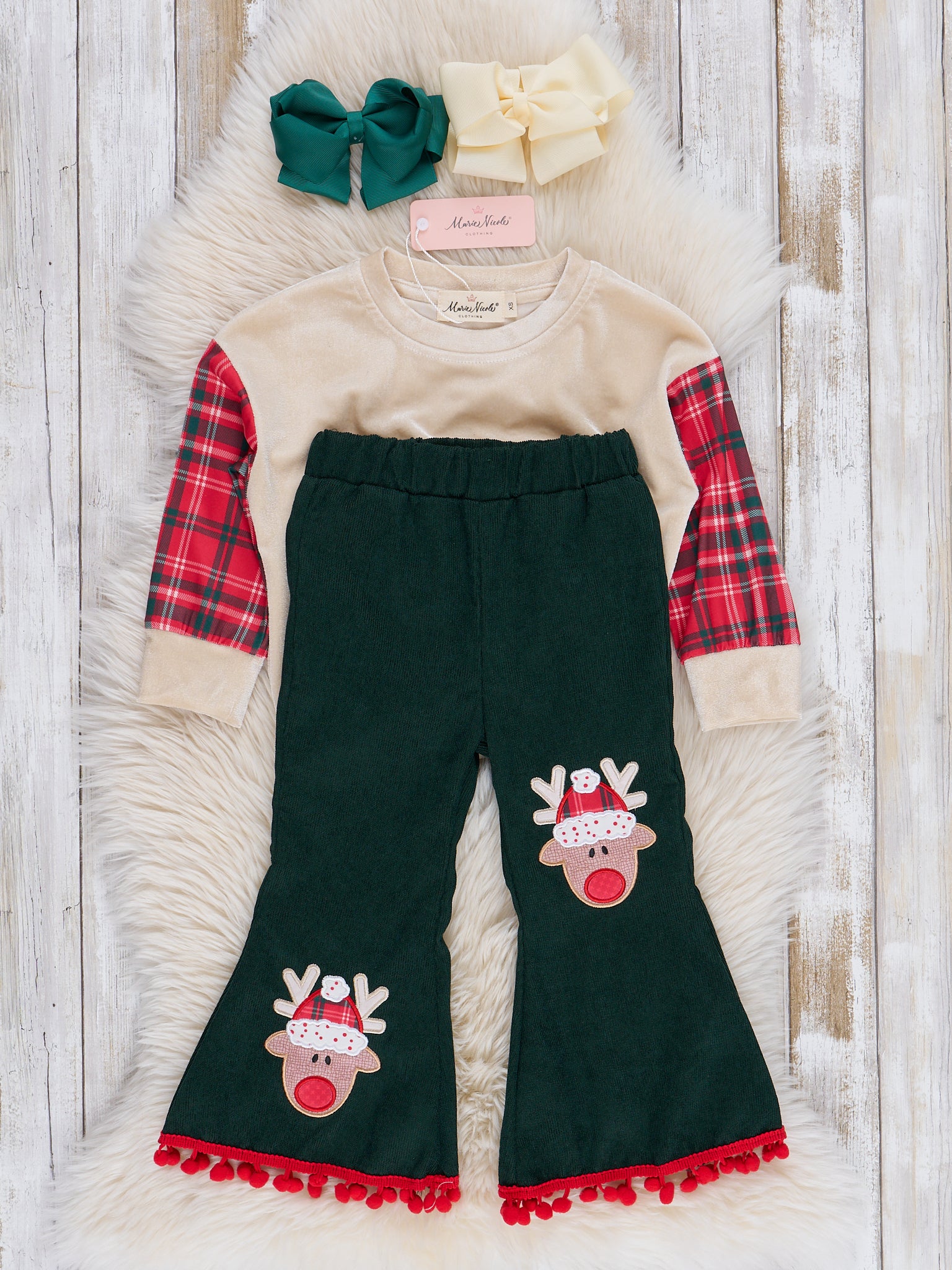 Red Plaid & Green Reindeer Cheer Bell Bottoms Outfit - Marie Nicole Clothing