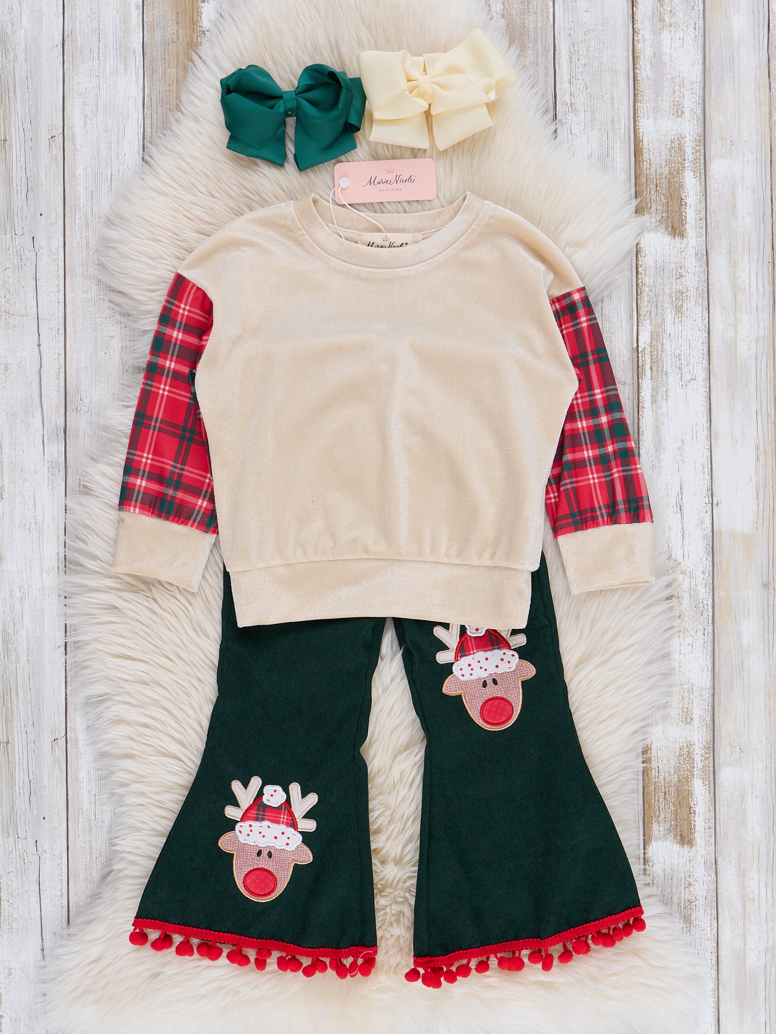 Red Plaid & Green Reindeer Cheer Bell Bottoms Outfit - Marie Nicole Clothing