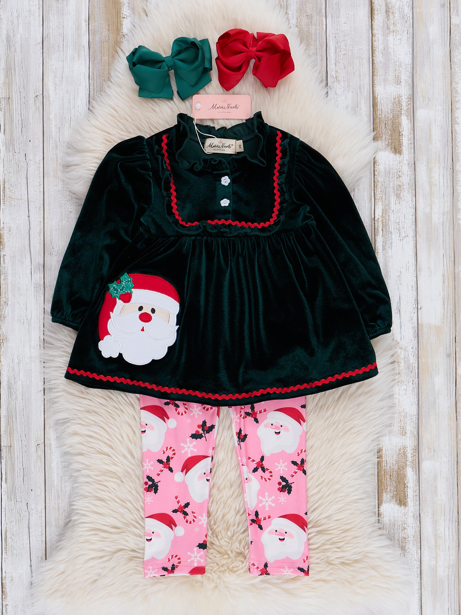 Green Velvet Santa Ruffle Outfit - Marie Nicole Clothing