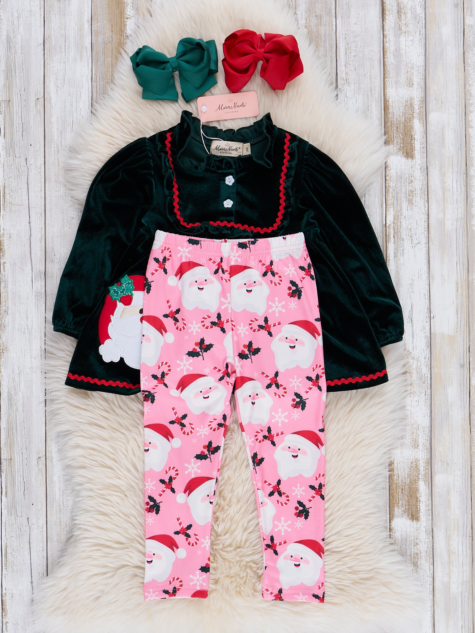Green Velvet Santa Ruffle Outfit - Marie Nicole Clothing