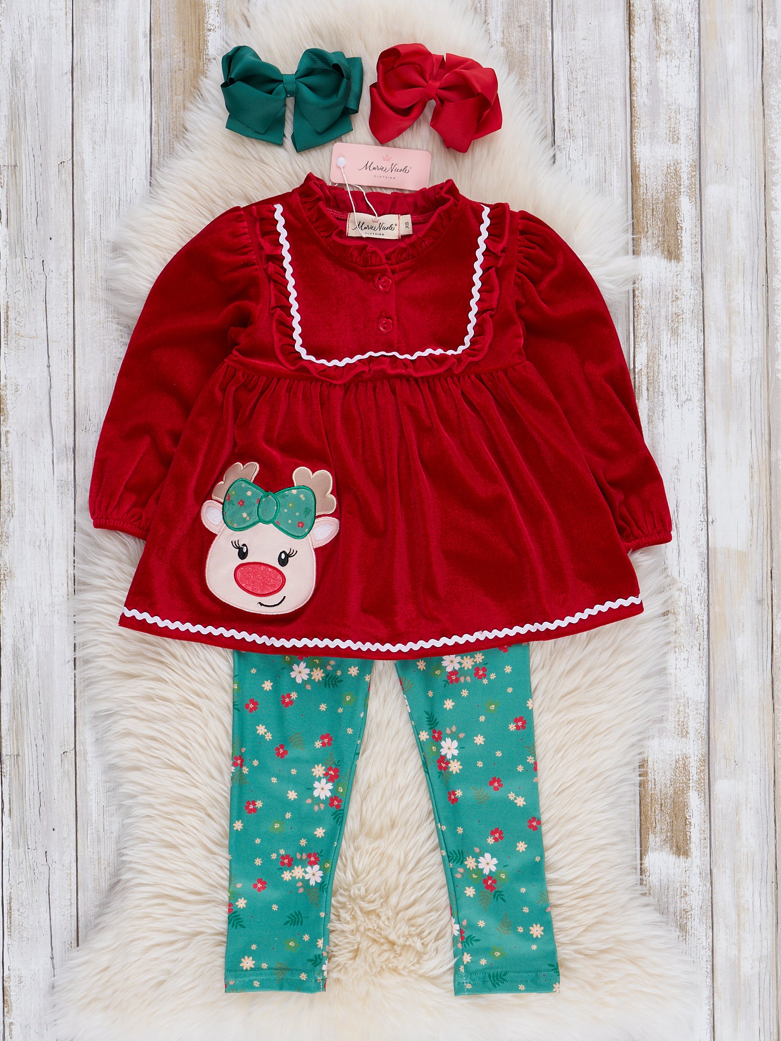 Red Velvet Reindeer Ruffle Outfit - Marie Nicole Clothing
