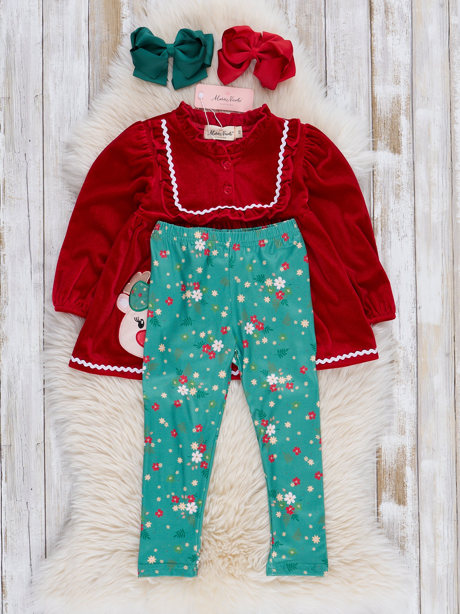 Red Velvet Reindeer Ruffle Outfit - Marie Nicole Clothing