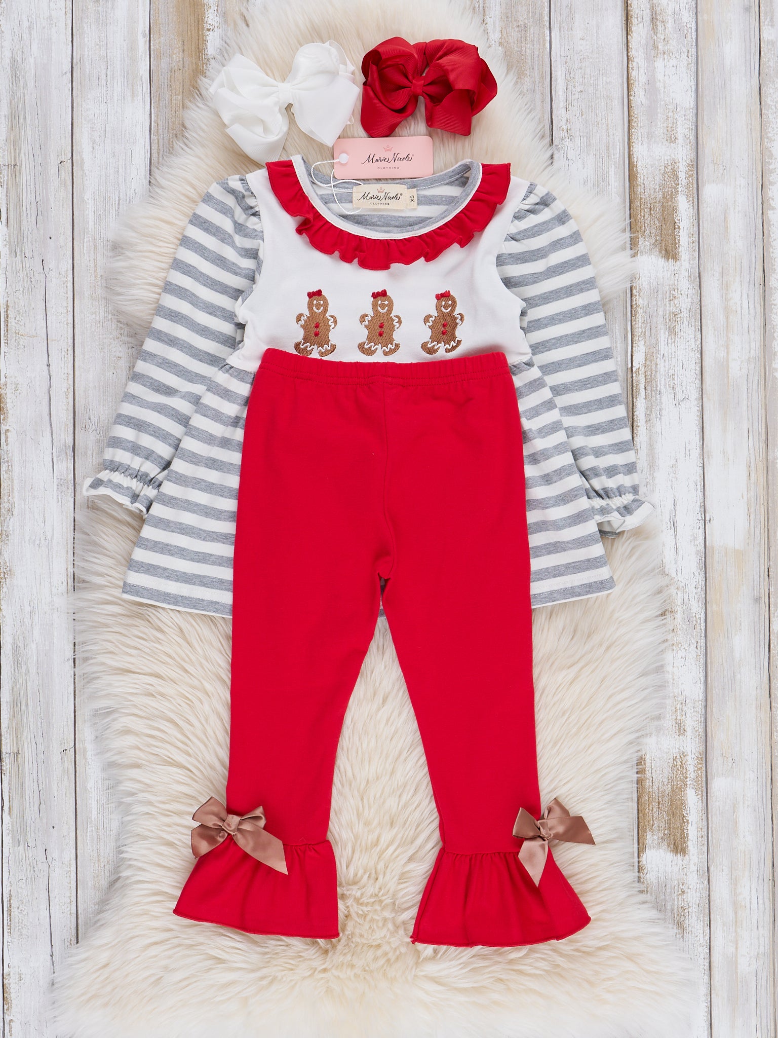 Grey Striped Smocked Gingerbread Ruffle Outfit - Marie Nicole Clothing