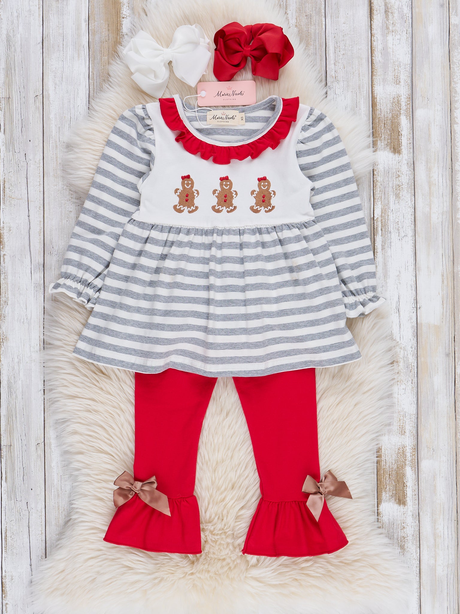 Grey Striped Smocked Gingerbread Ruffle Outfit - Marie Nicole Clothing