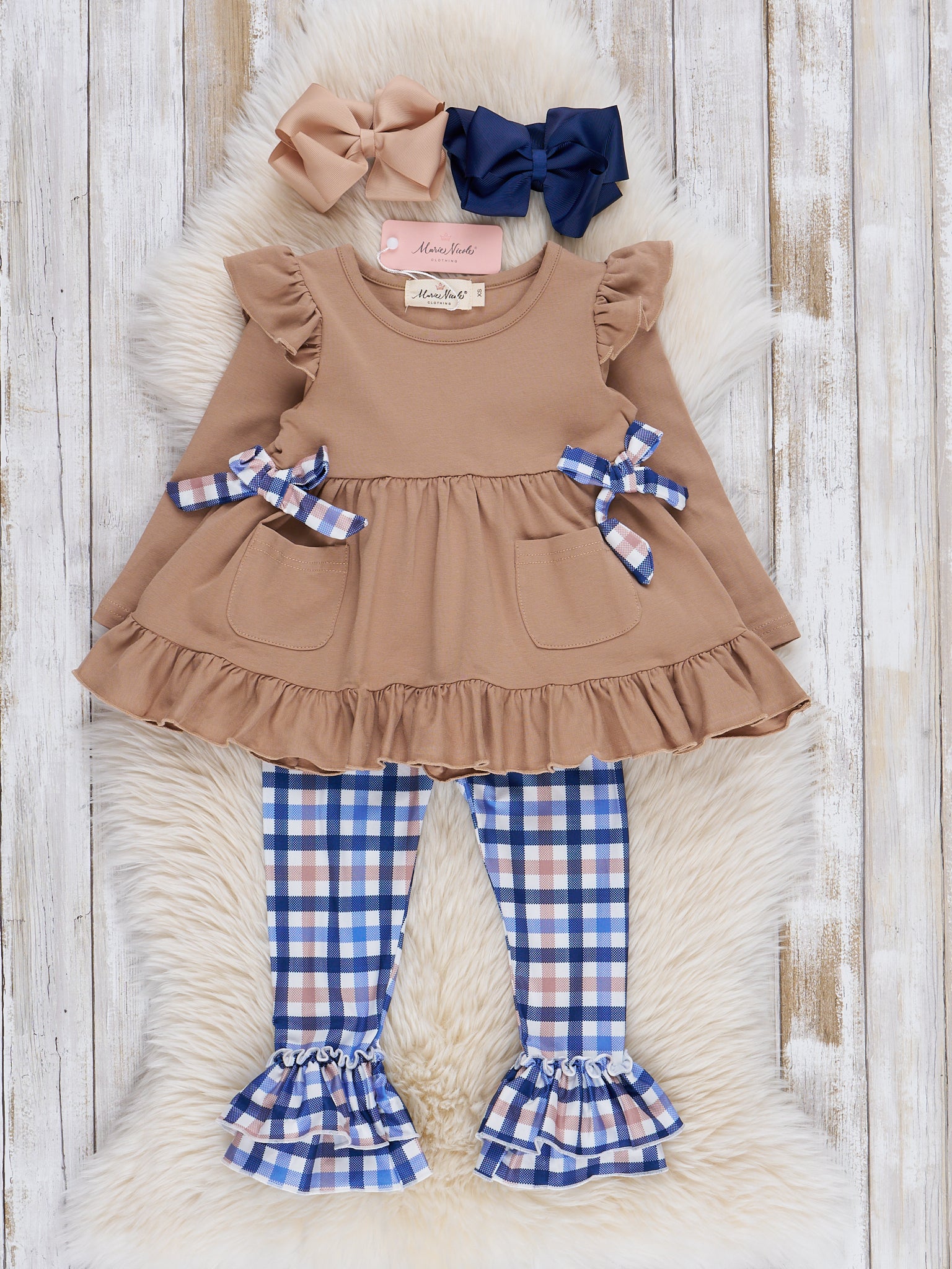 Tan & Navy Plaid Ruffle Outfit - Marie Nicole Clothing