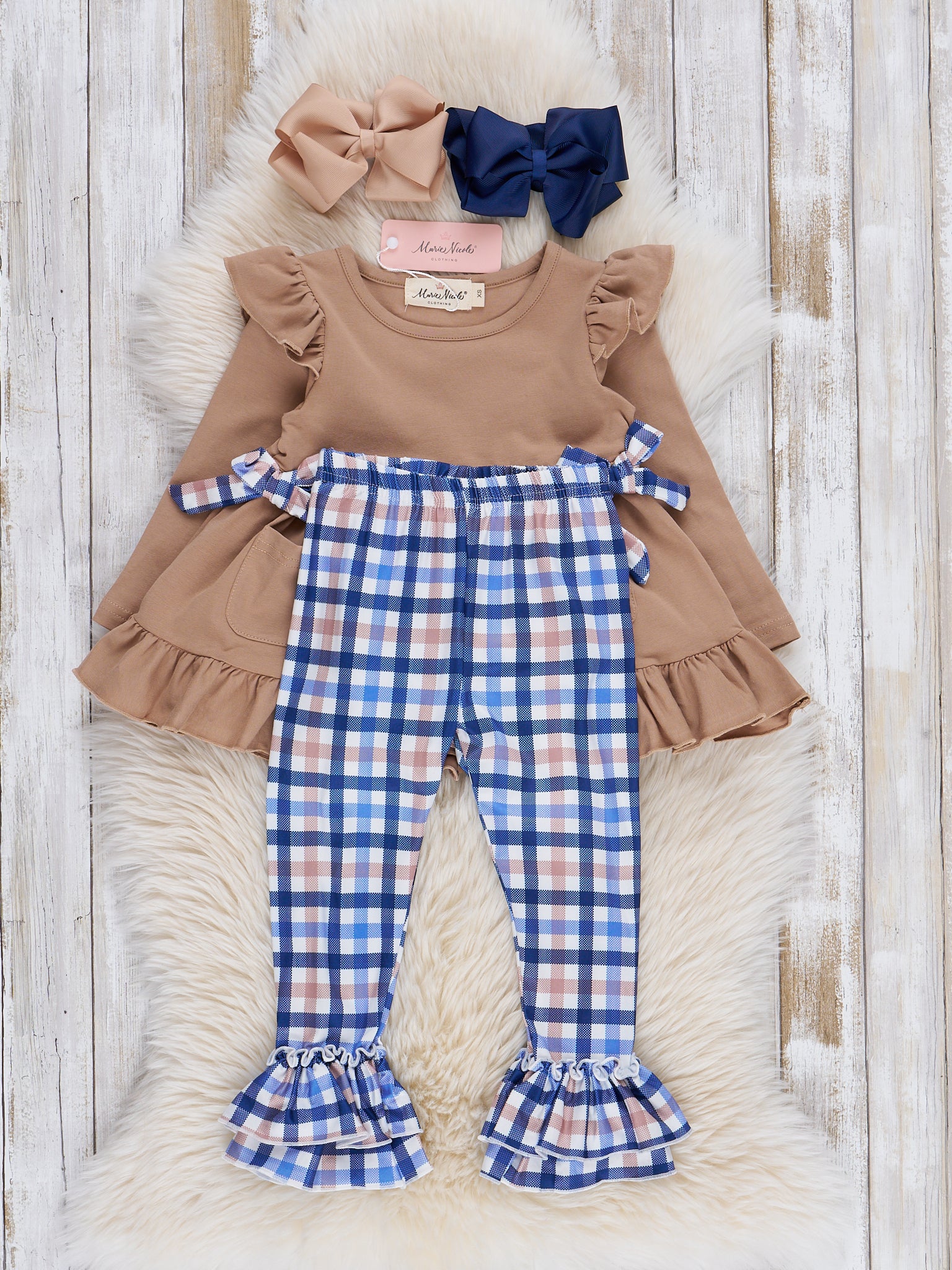 Tan & Navy Plaid Ruffle Outfit - Marie Nicole Clothing