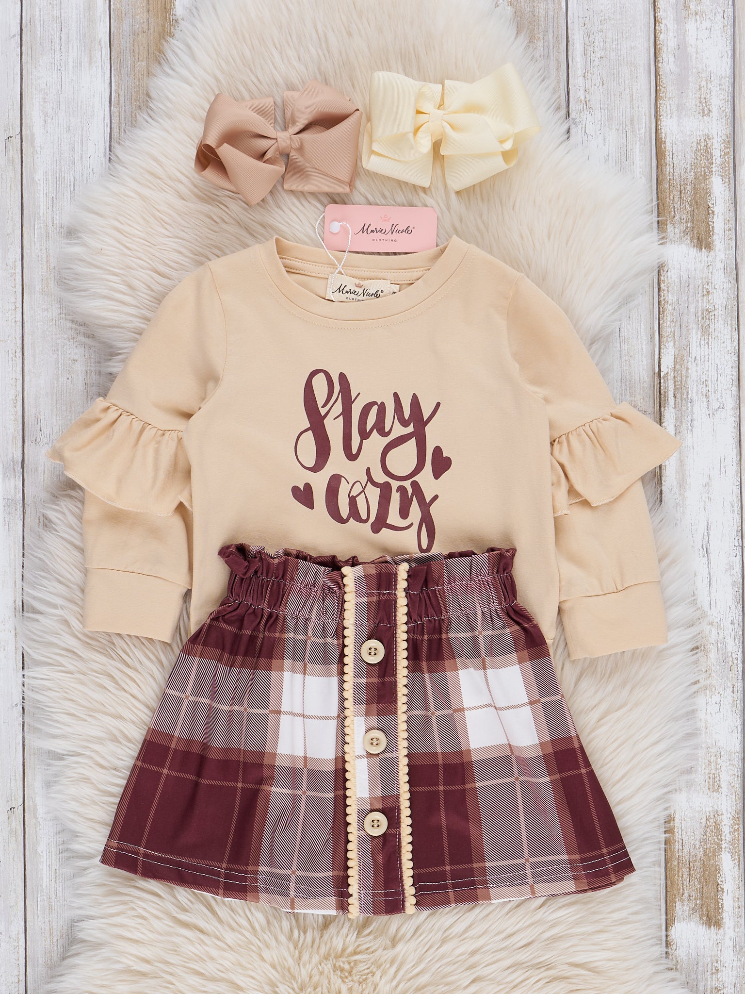 Brown Cozy Plaid Skirt Set - Marie Nicole Clothing