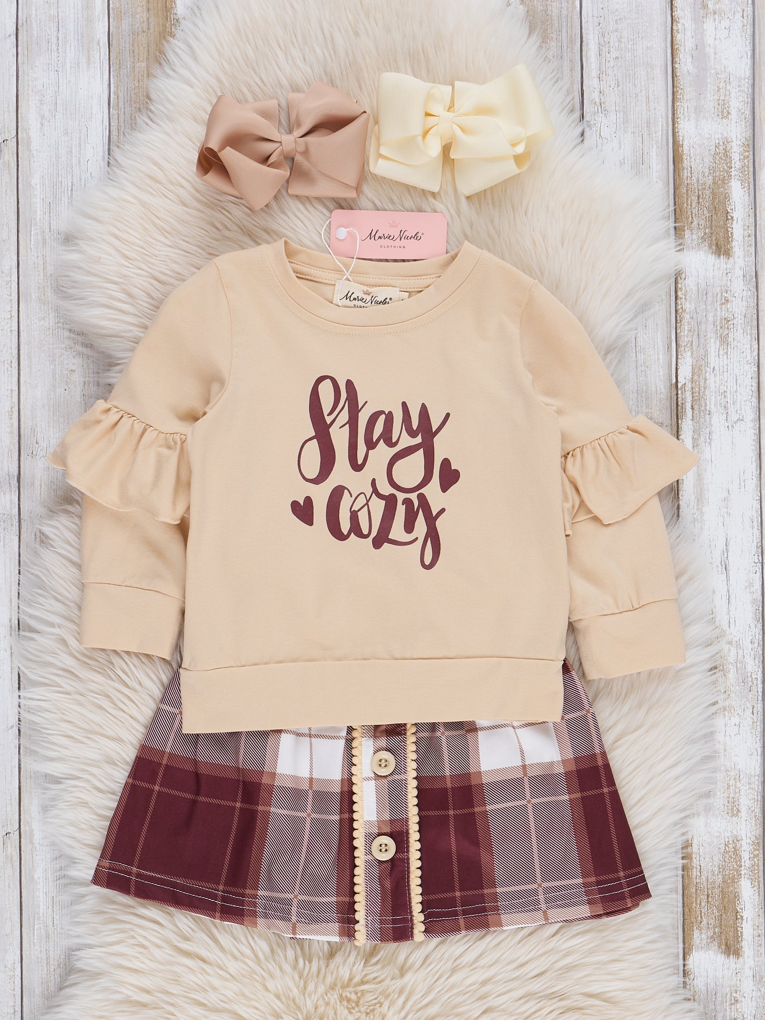 Brown Cozy Plaid Skirt Set - Marie Nicole Clothing
