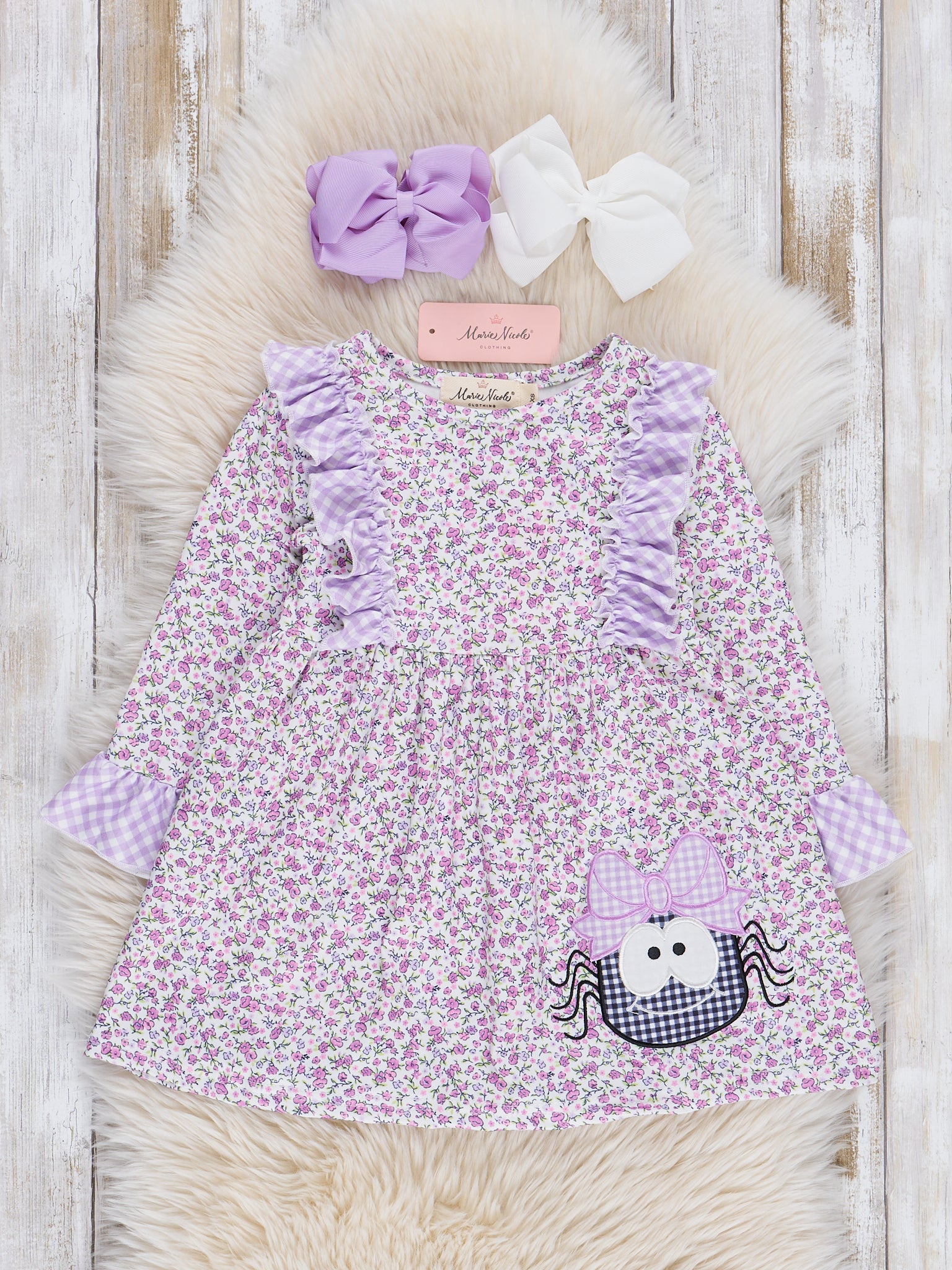 Purple Gingham Spider Ruffle Dress - Marie Nicole Clothing
