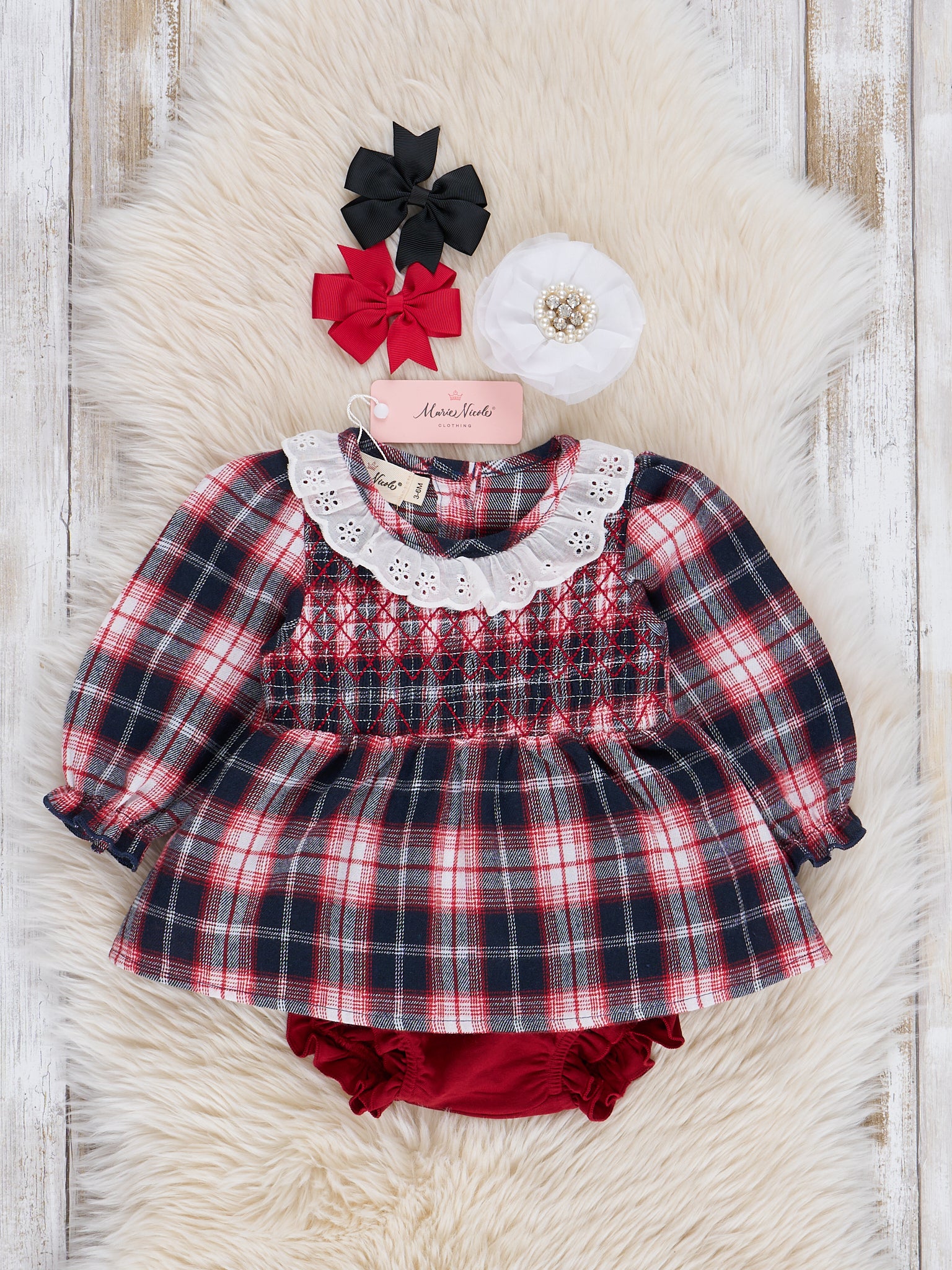 Navy & Burgundy Joyous Plaid Smocked Bloomers Outfit - Marie Nicole Clothing