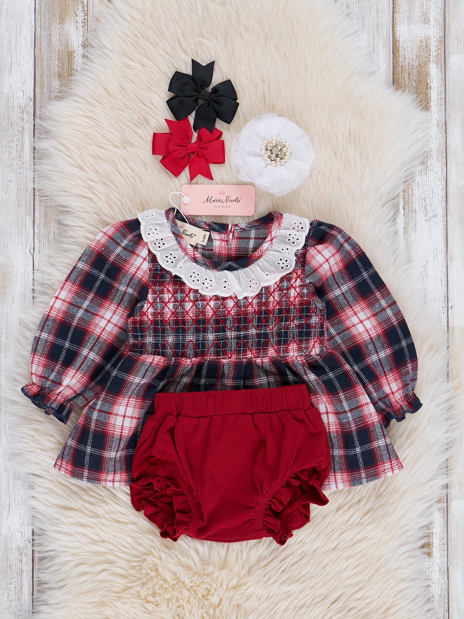 Navy & Burgundy Joyous Plaid Smocked Bloomers Outfit - Marie Nicole Clothing