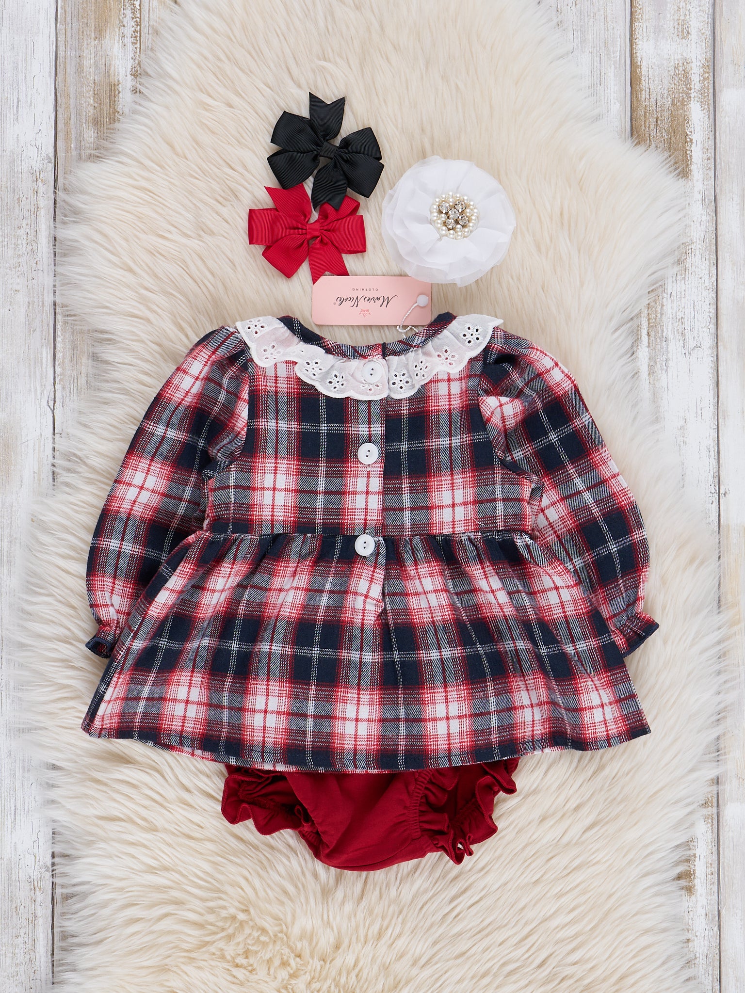 Navy & Burgundy Joyous Plaid Smocked Bloomers Outfit - Marie Nicole Clothing