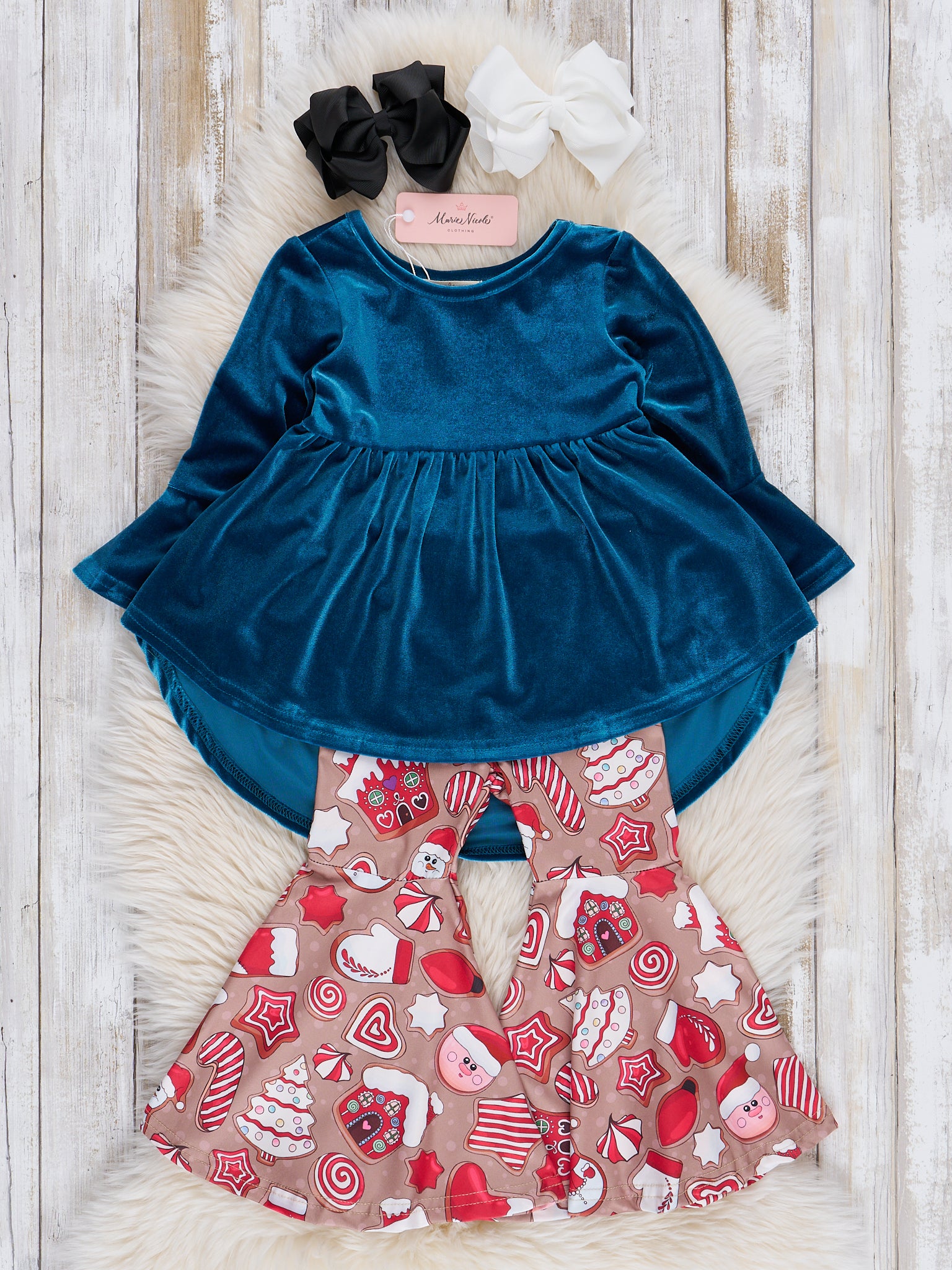 Teal Velvet Gingerbread Cookies Bell Bottoms Outfit - Marie Nicole Clothing