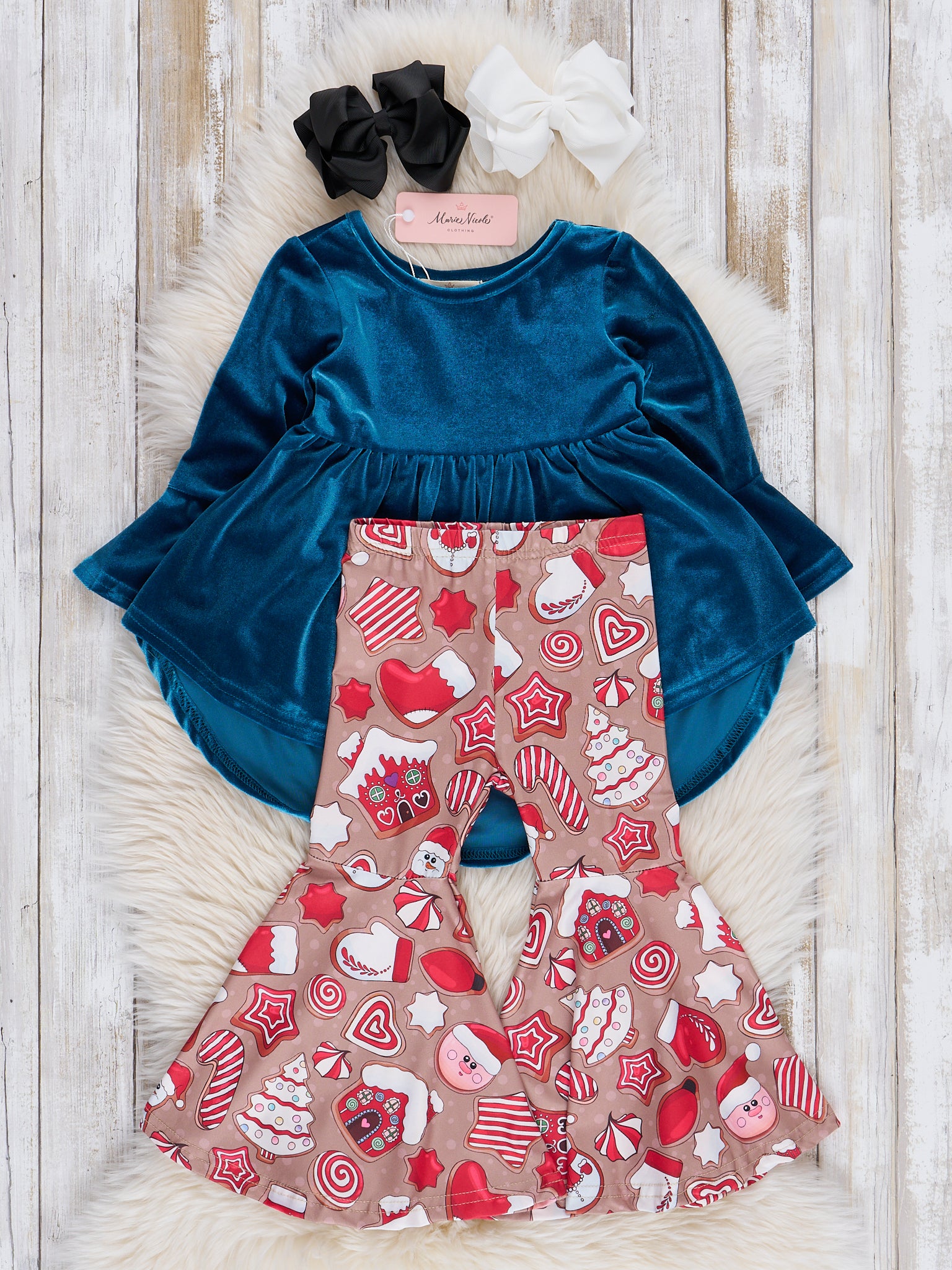 Teal Velvet Gingerbread Cookies Bell Bottoms Outfit - Marie Nicole Clothing