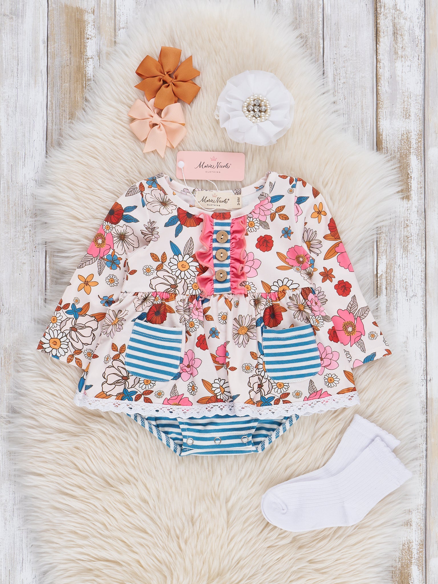 Pink & Blue Vintage Florals & Stripes Ruffle Bubble Romper - Marie Nicole Clothing