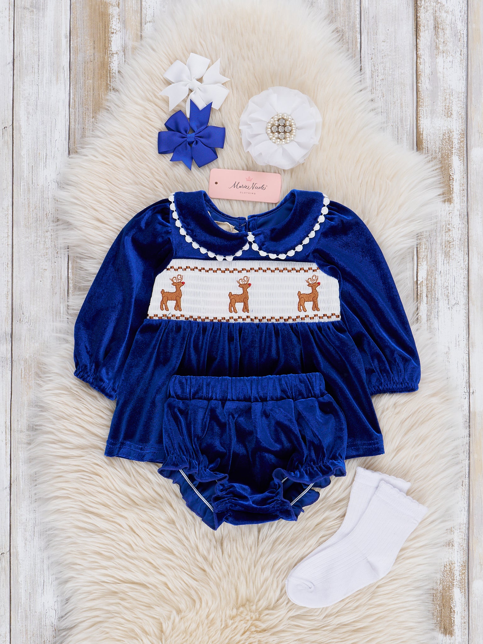 Royal Blue Smocked Reindeer Velvet Bloomers Outfit - Marie Nicole Clothing