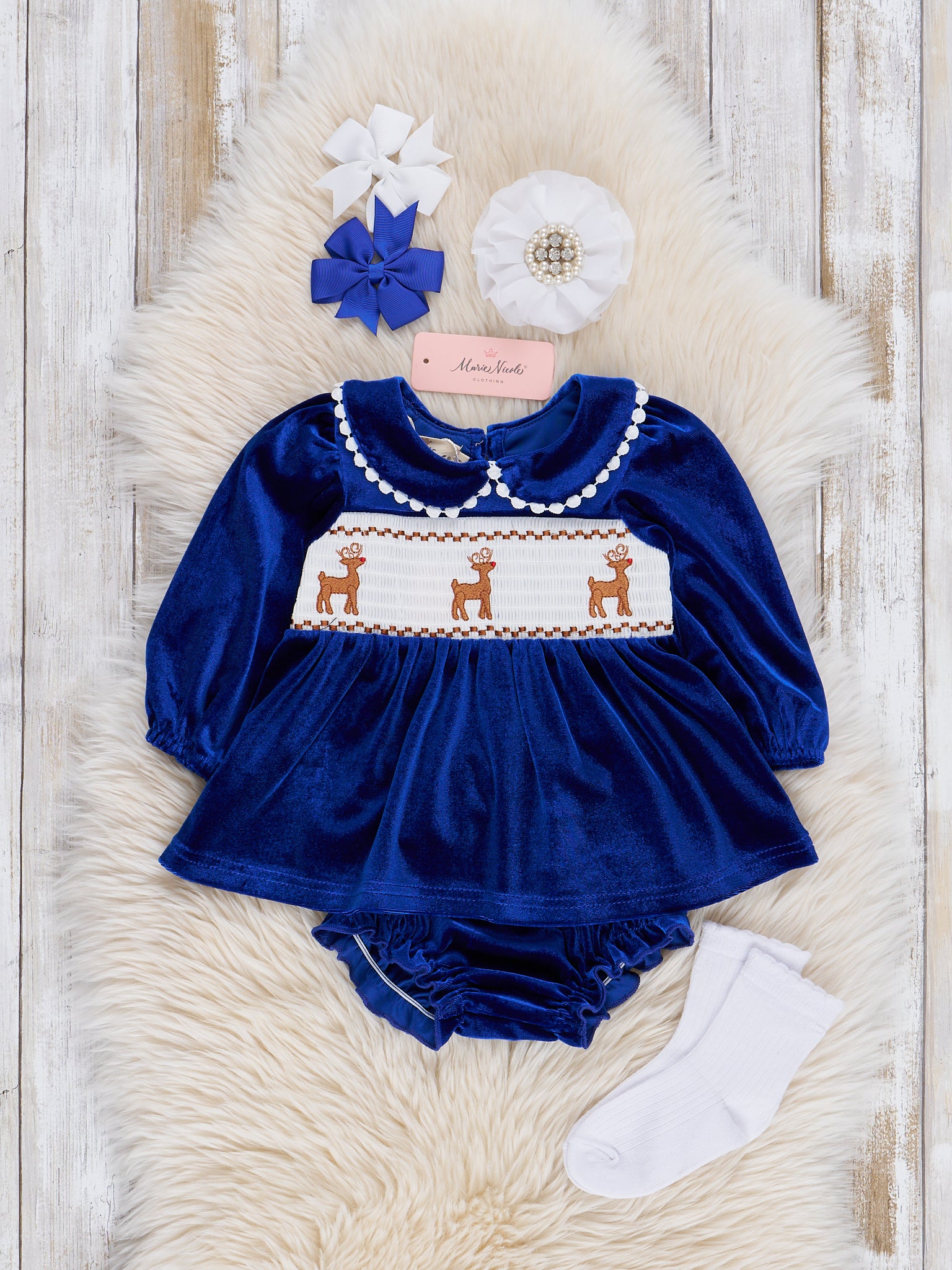 Royal Blue Smocked Reindeer Velvet Bloomers Outfit - Marie Nicole Clothing