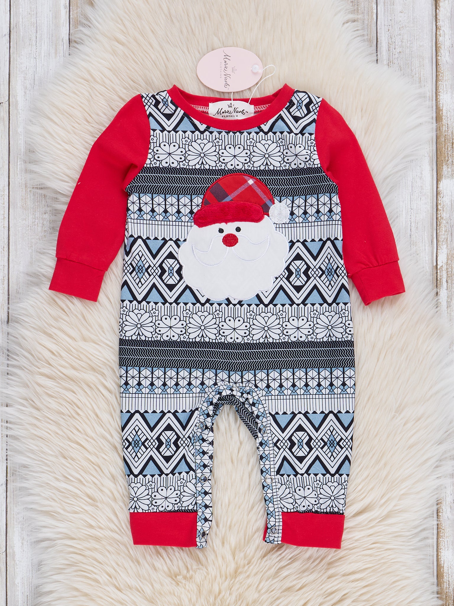 Grey & Red Embroidered Santa Raglan Romper - Marie Nicole Clothing