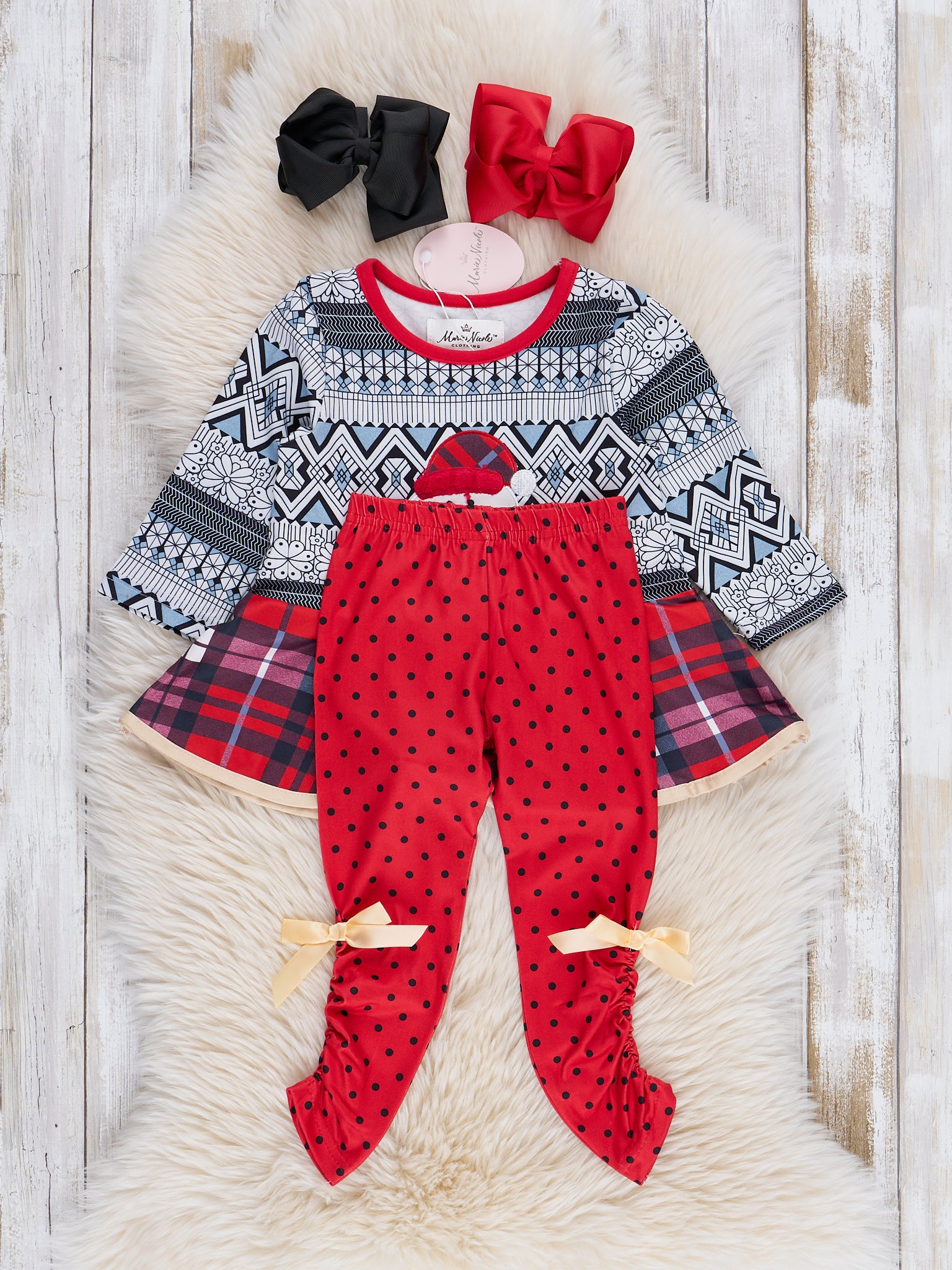 Grey & Red Embroidered Santa Ruffle Outfit - Marie Nicole Clothing