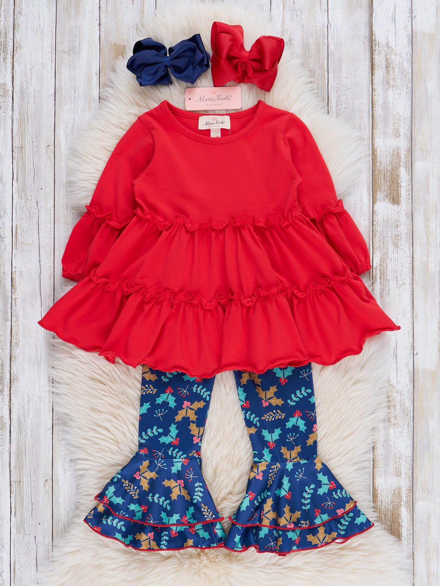 Red Holiday Berries Ruffle Bell Bottom Outfit - Marie Nicole Clothing