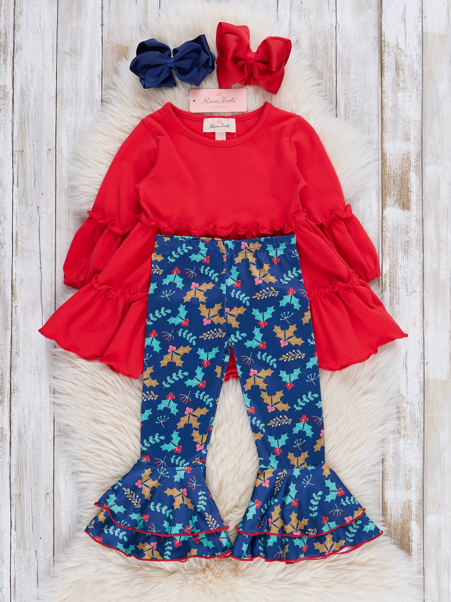 Red Holiday Berries Ruffle Bell Bottom Outfit - Marie Nicole Clothing
