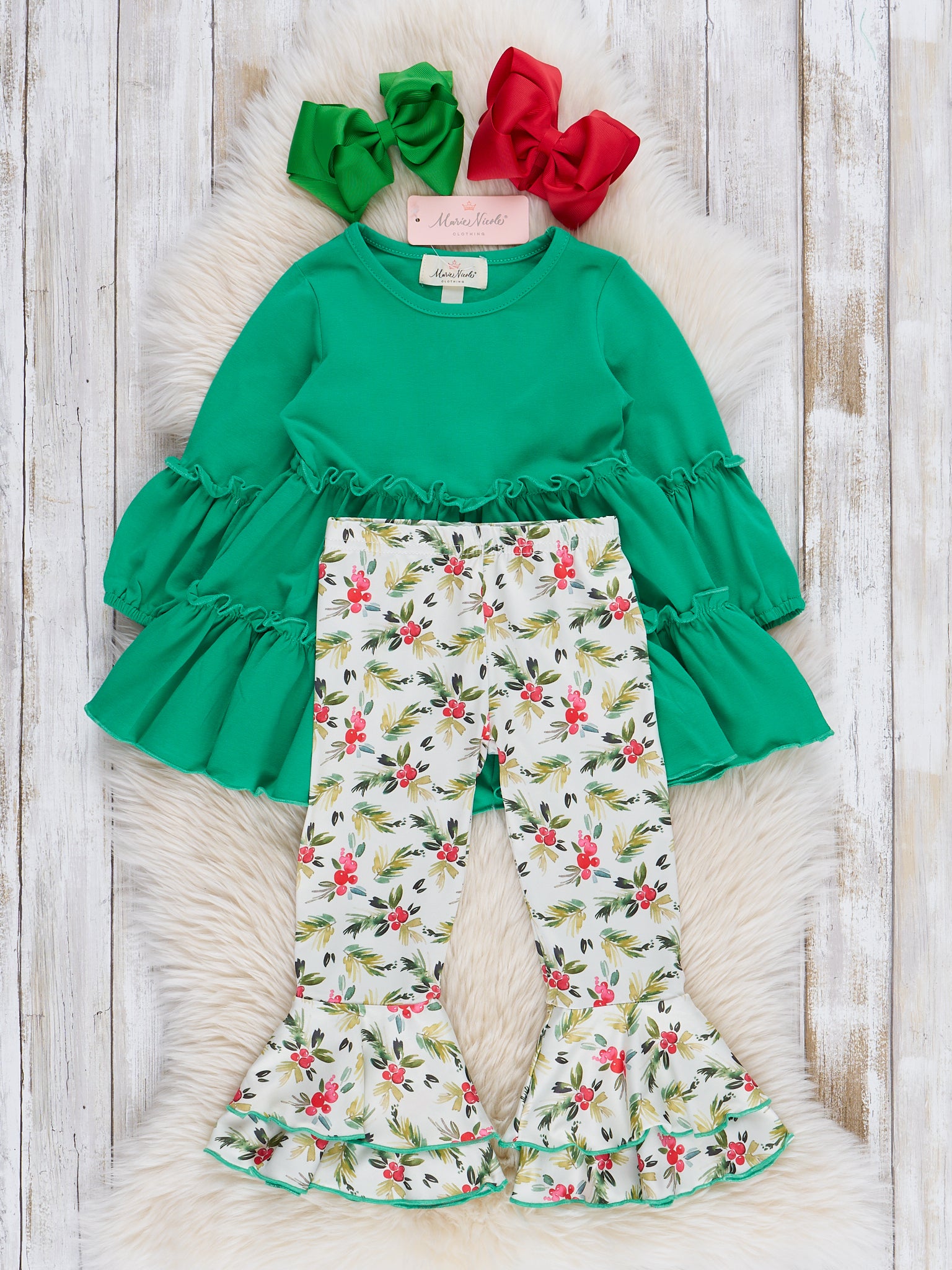 Green Holiday Berries Ruffle Bell Bottom Outfit - Marie Nicole Clothing