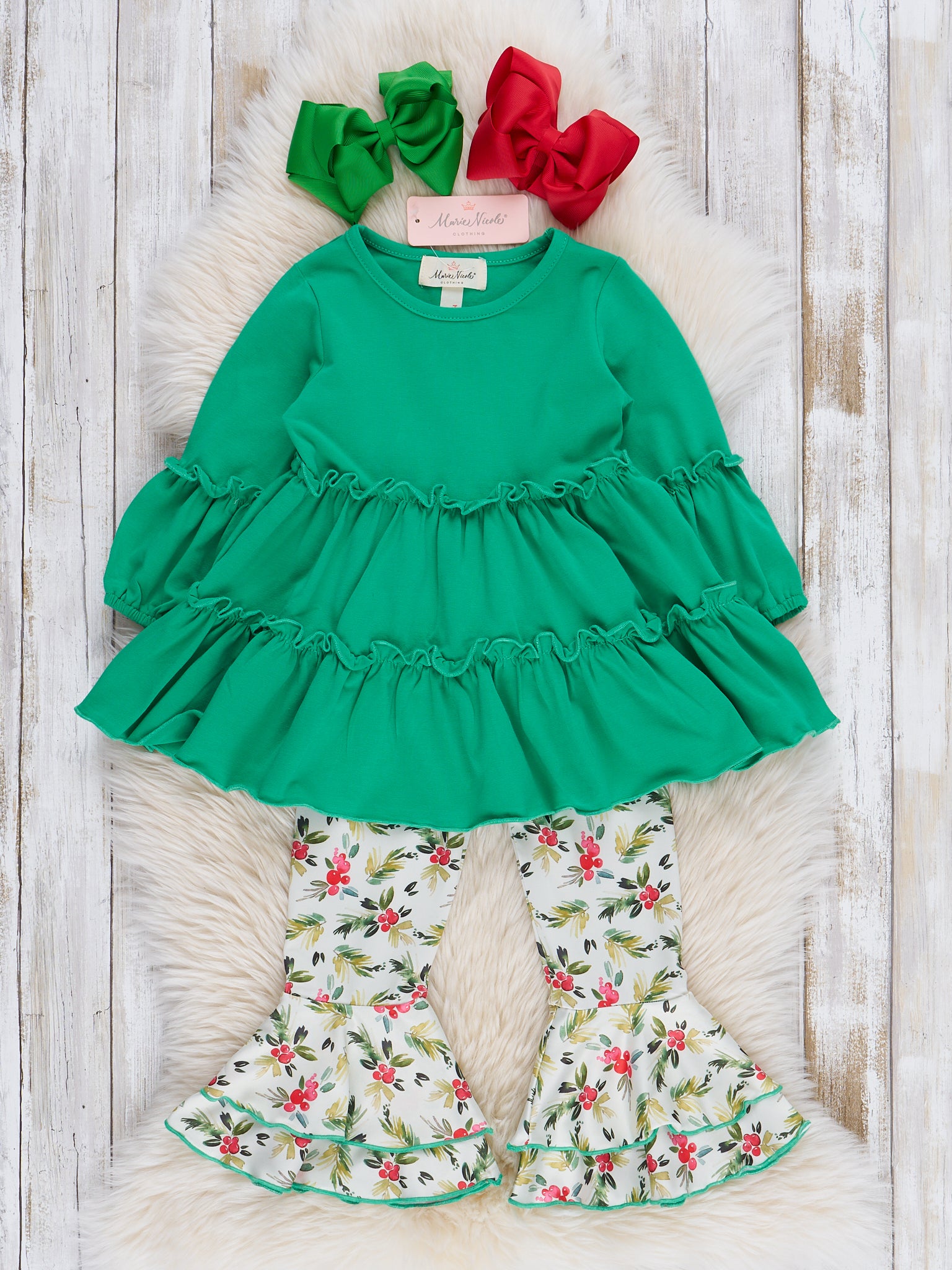 Green Holiday Berries Ruffle Bell Bottom Outfit - Marie Nicole Clothing