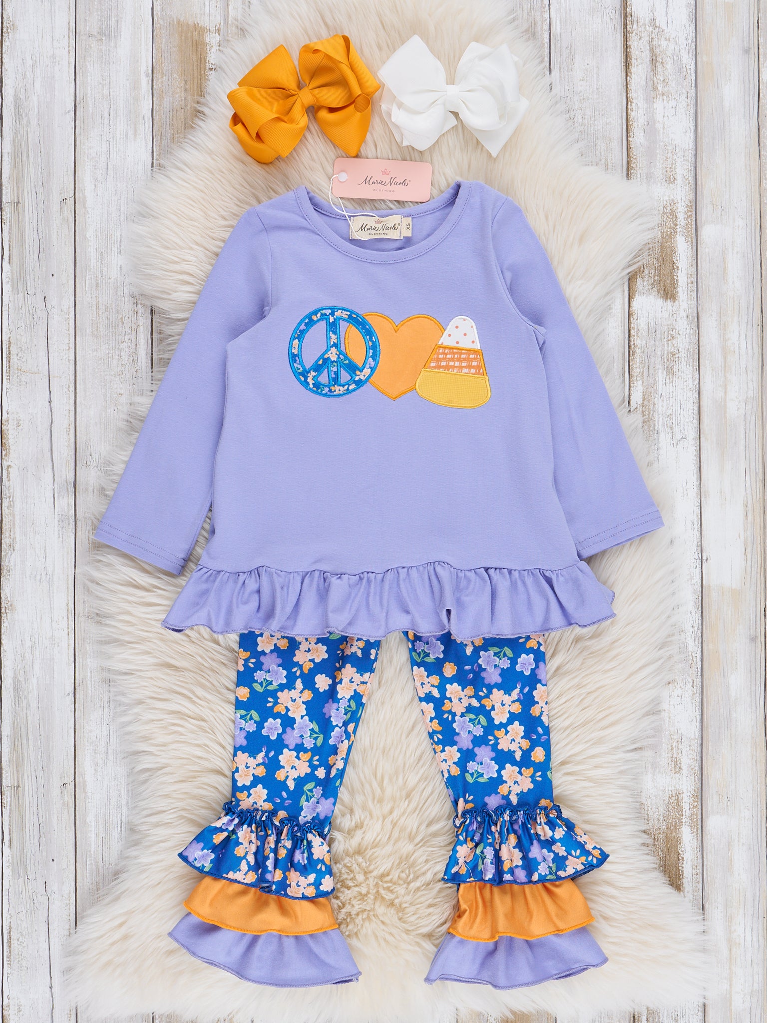 Peace, Love, & Candy Corn Ruffle Outfit - Marie Nicole Clothing