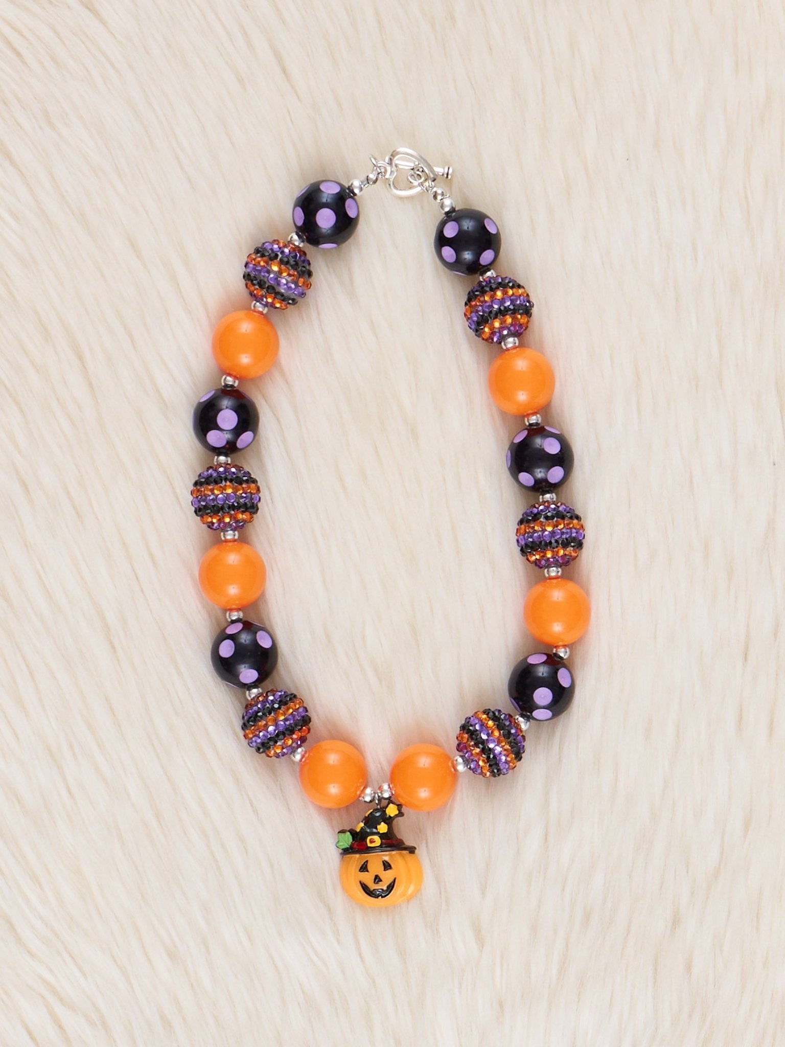 Orange & Black Pumpkin Charm Sparkle Bubblegum Necklace - Marie Nicole Clothing